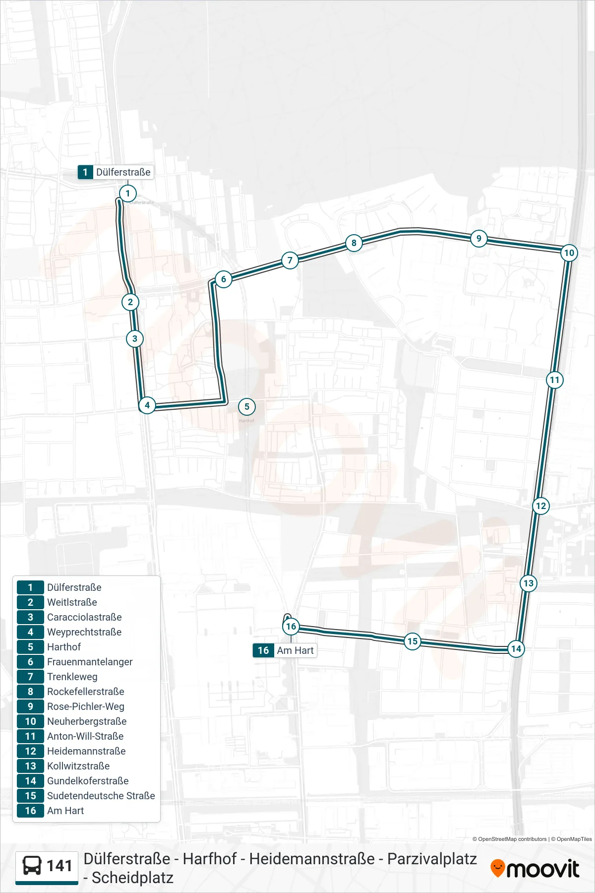 141 bus Line (Am Hart) route and stops on a map