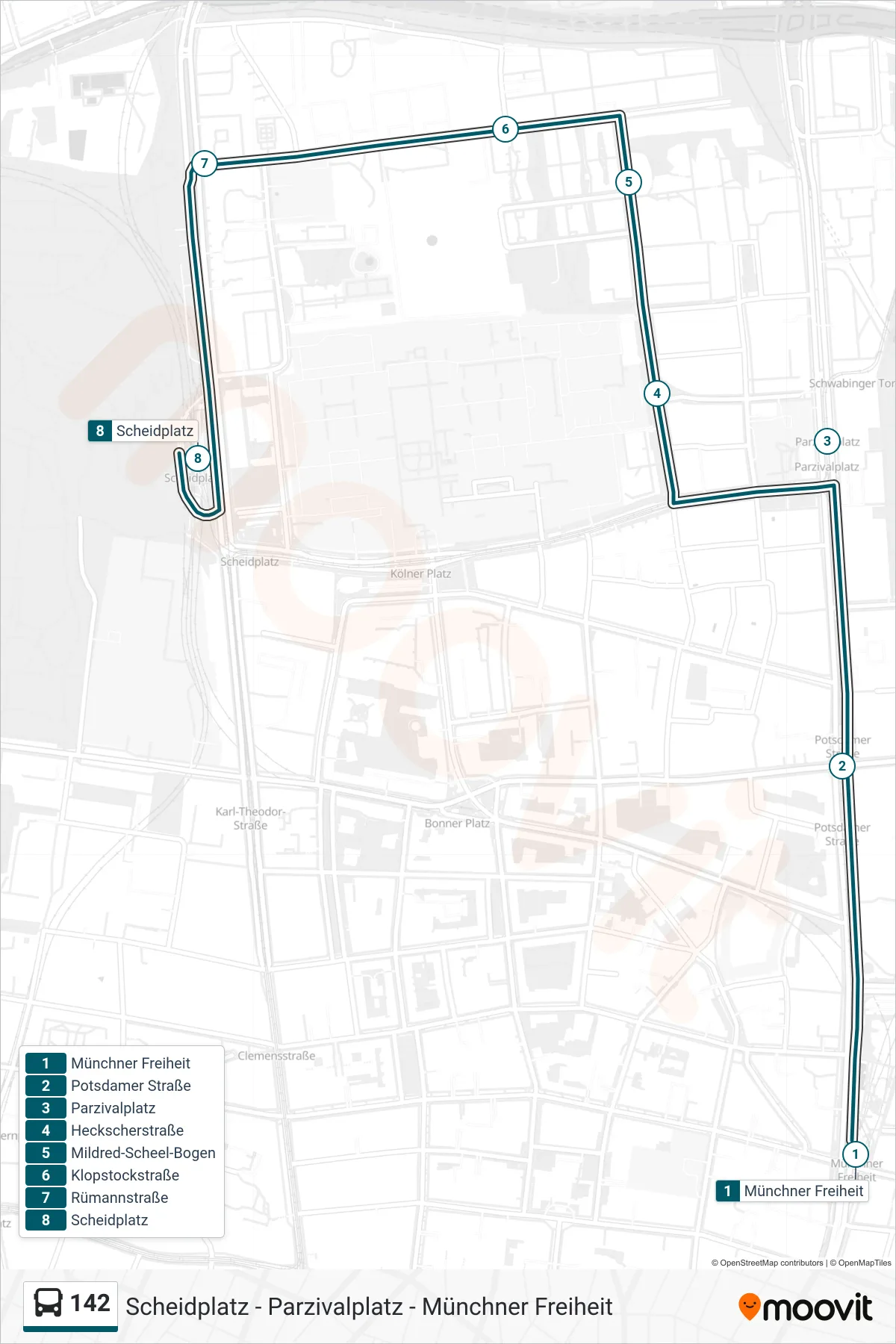 142 bus Line (Scheidplatz) route and stops on a map