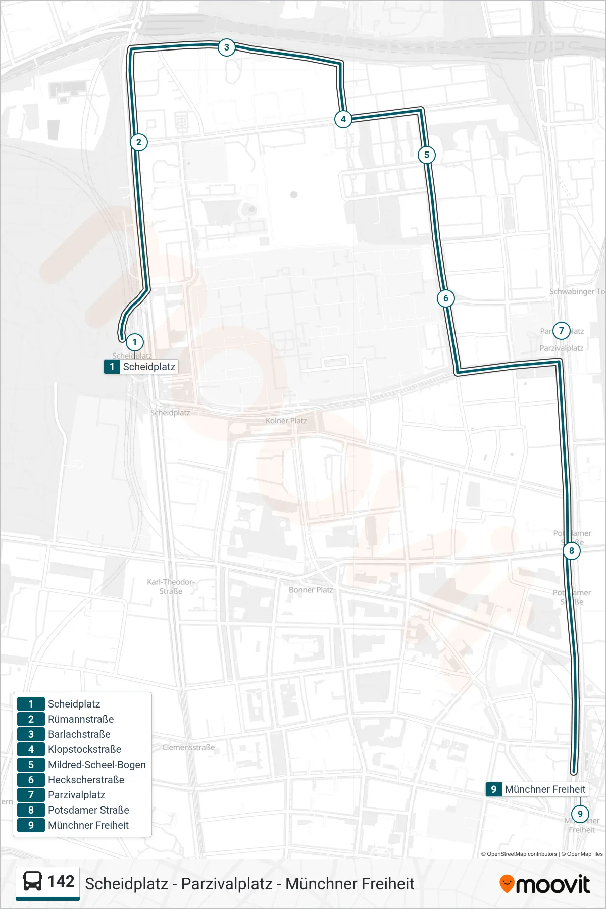 Linie 142 (Bus) Richtung Münchner Freiheit: Route und Haltestellen auf der Karte