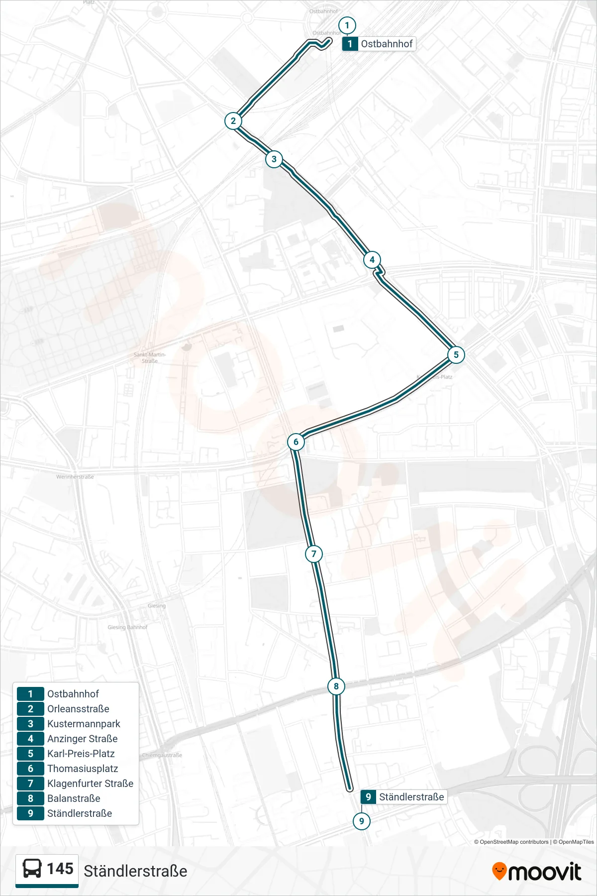 Linie 145 (Bus) Richtung Ständlerstraße: Route und Haltestellen auf der Karte