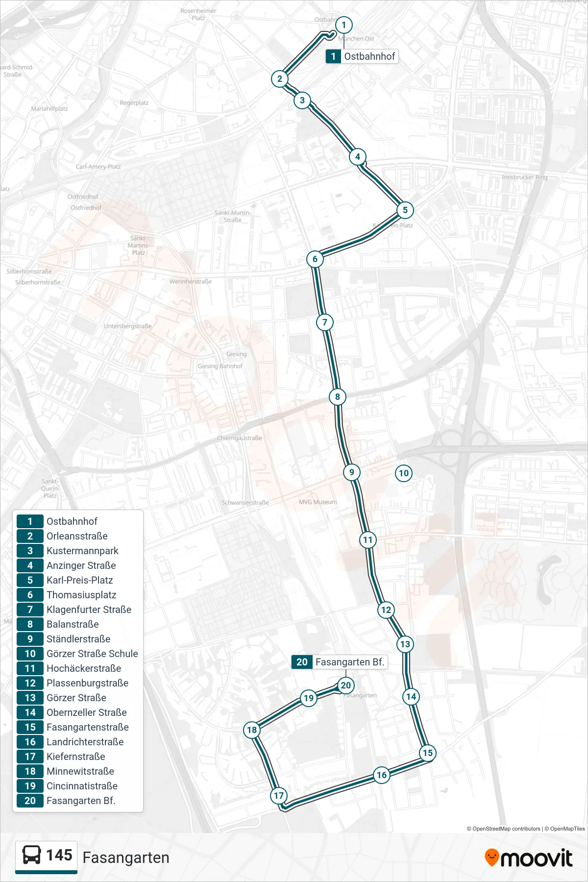 145 bus Line (Fasangarten) route and stops on a map