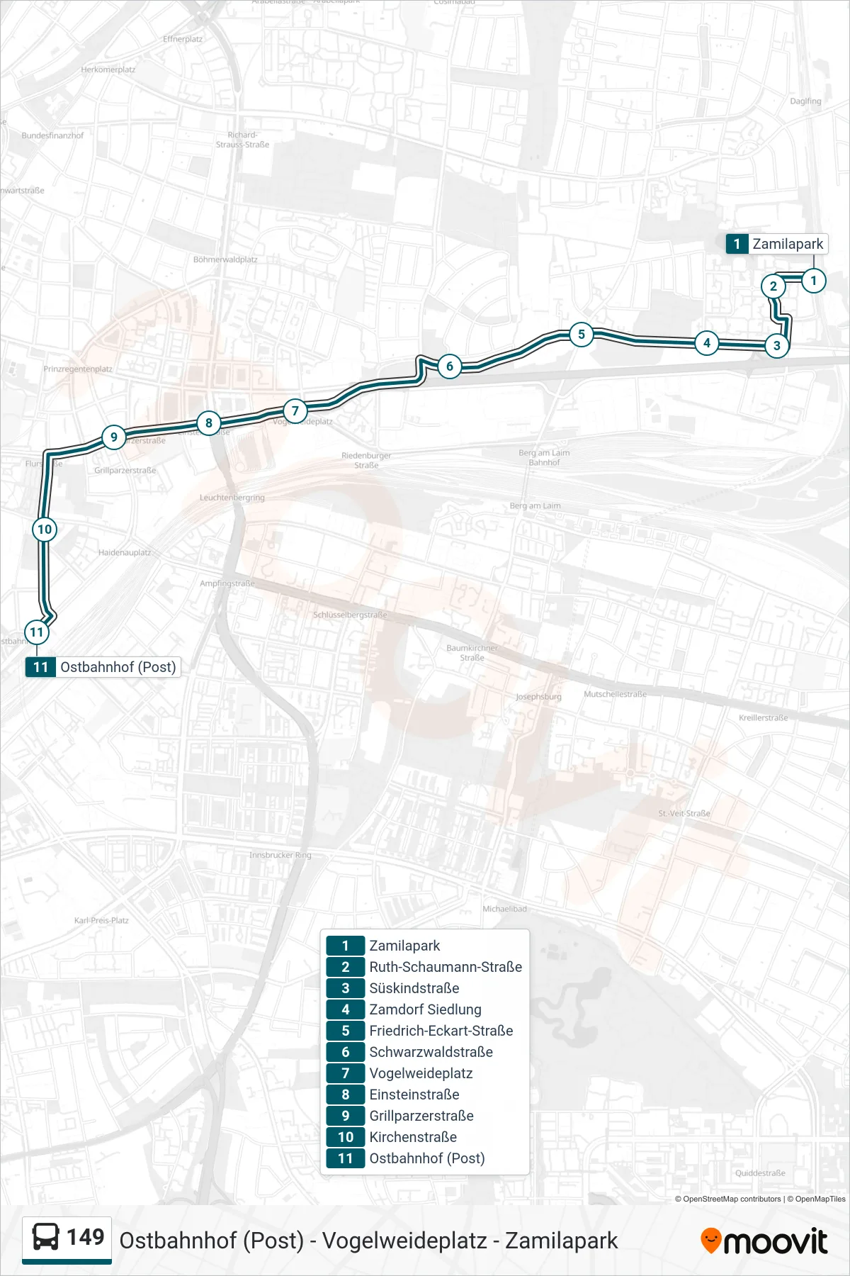 Linie 149 (Bus) Richtung Ostbahnhof (Post): Route und Haltestellen auf der Karte