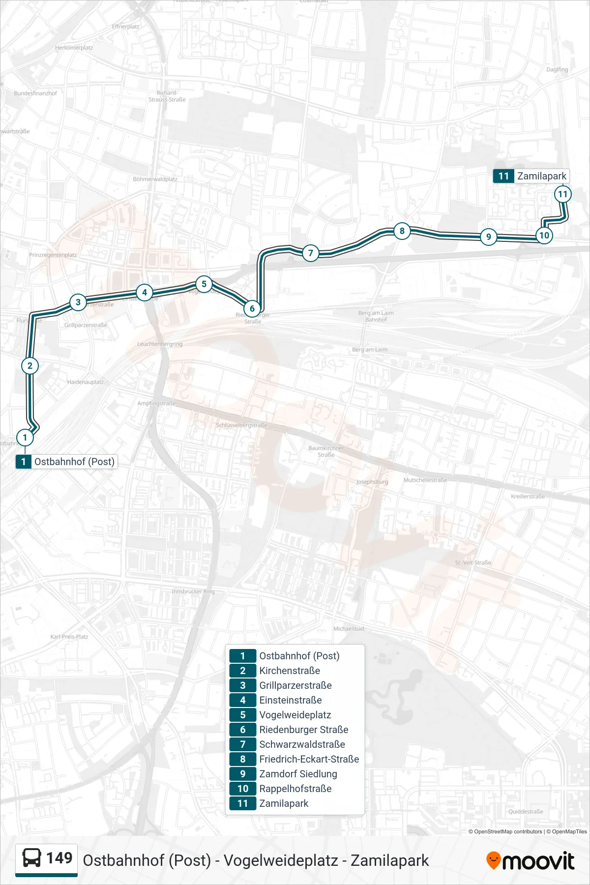 Linie 149 (Bus) Richtung Zamilapark: Route und Haltestellen auf der Karte
