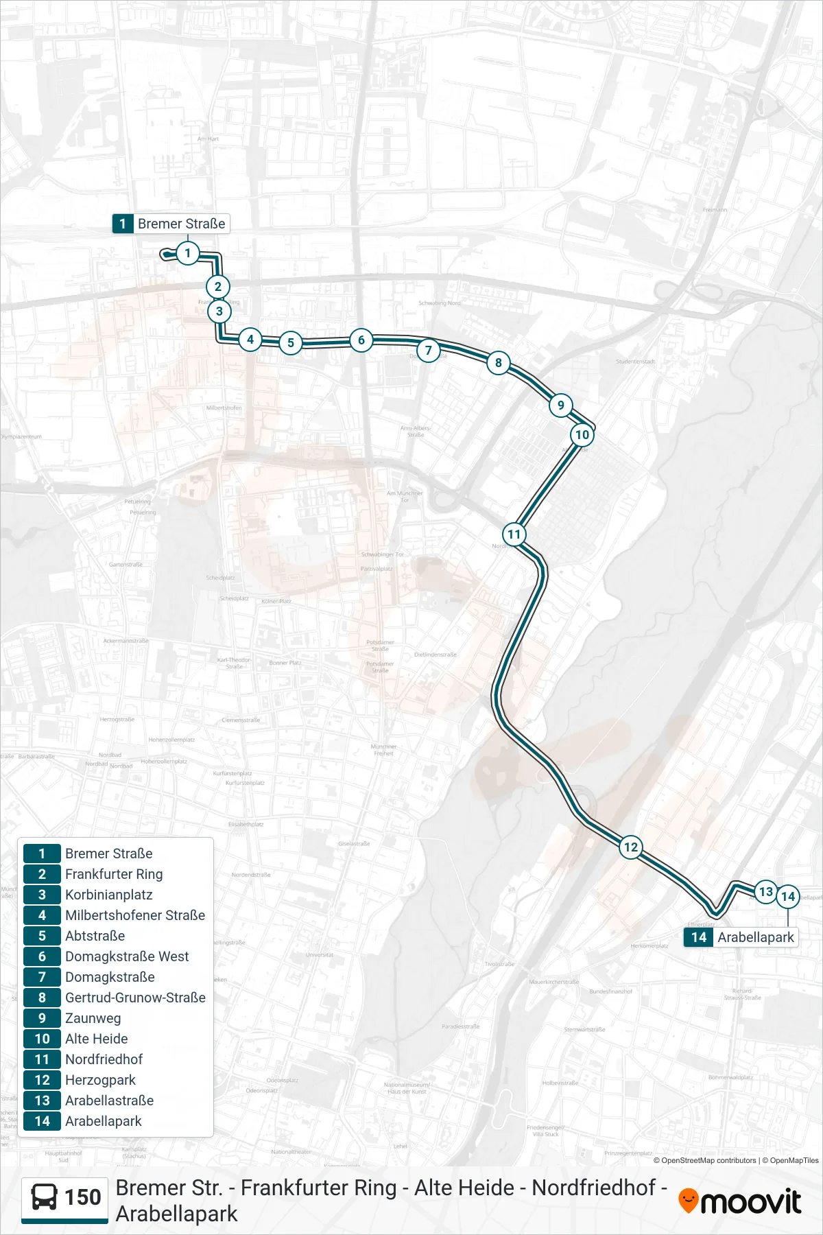 Linie 150 (Bus) Richtung Arabellapark: Route und Haltestellen auf der Karte