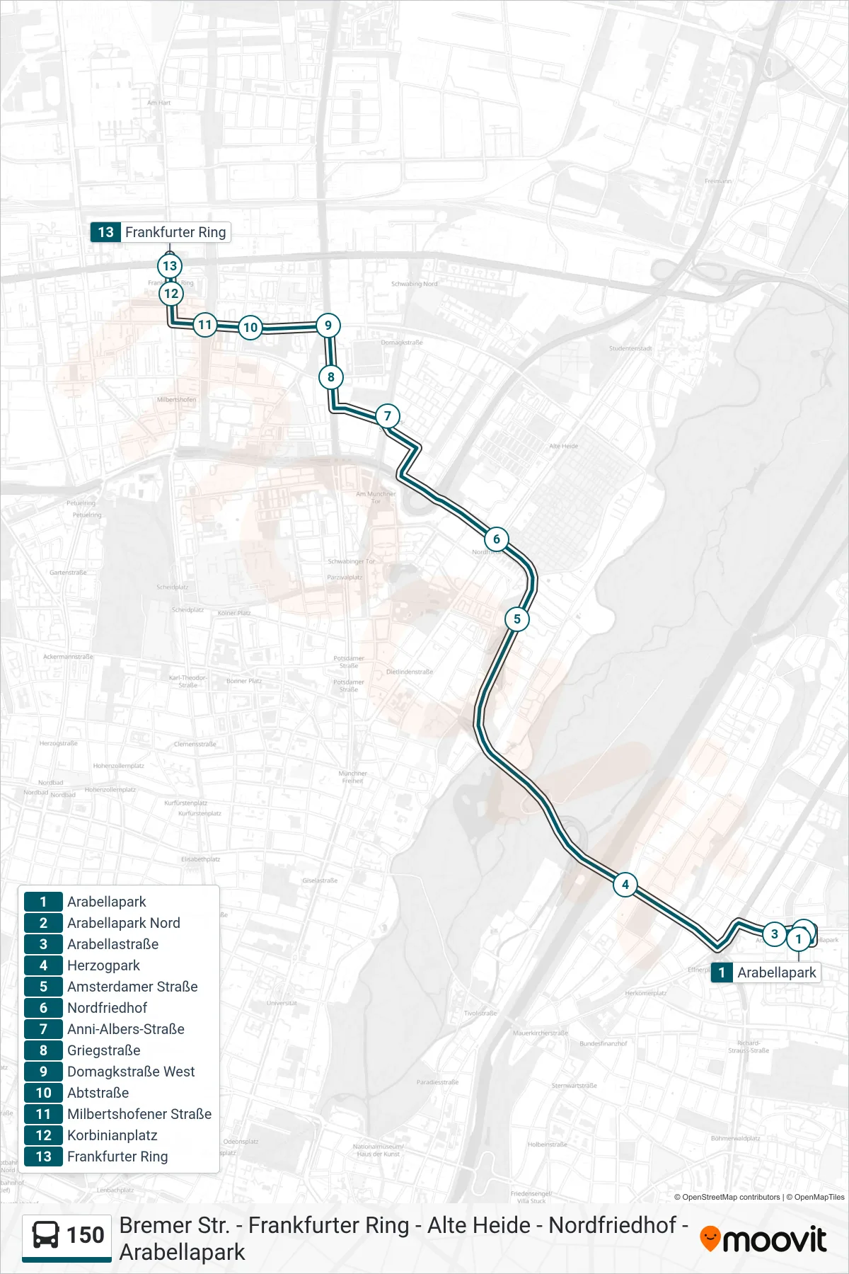 Linie 150 (Bus) Richtung Frankfurter Ring: Route und Haltestellen auf der Karte