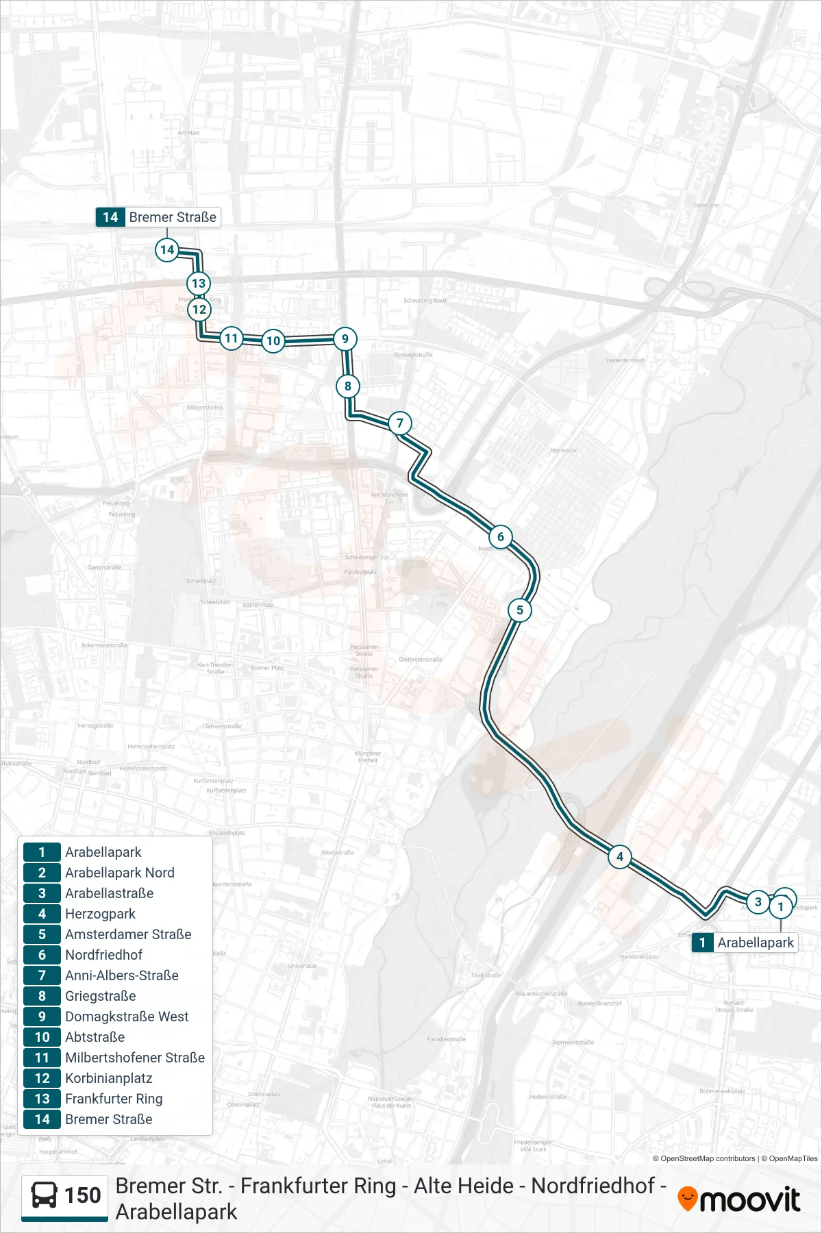 150 bus Line (Bremer Straße) route and stops on a map