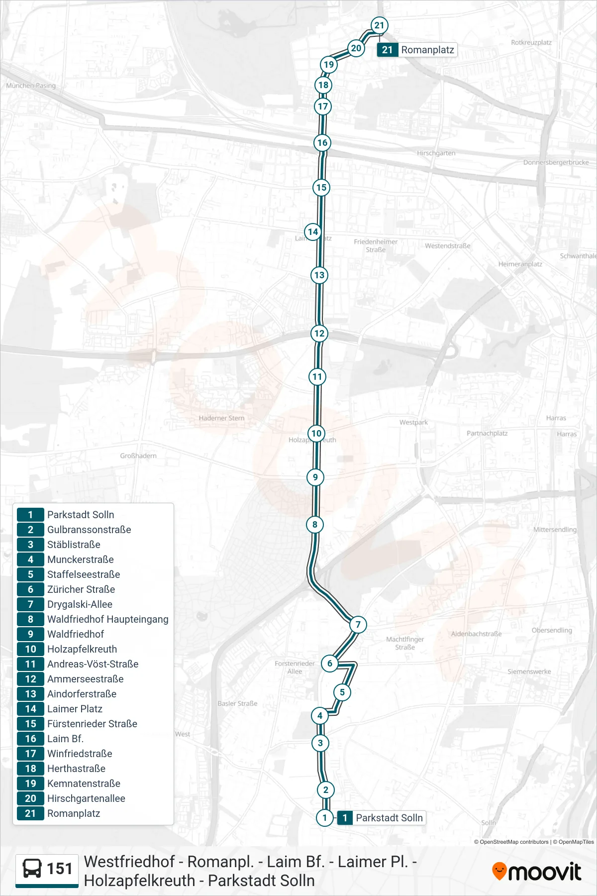 Linie 151 (Bus) Richtung Romanplatz: Route und Haltestellen auf der Karte