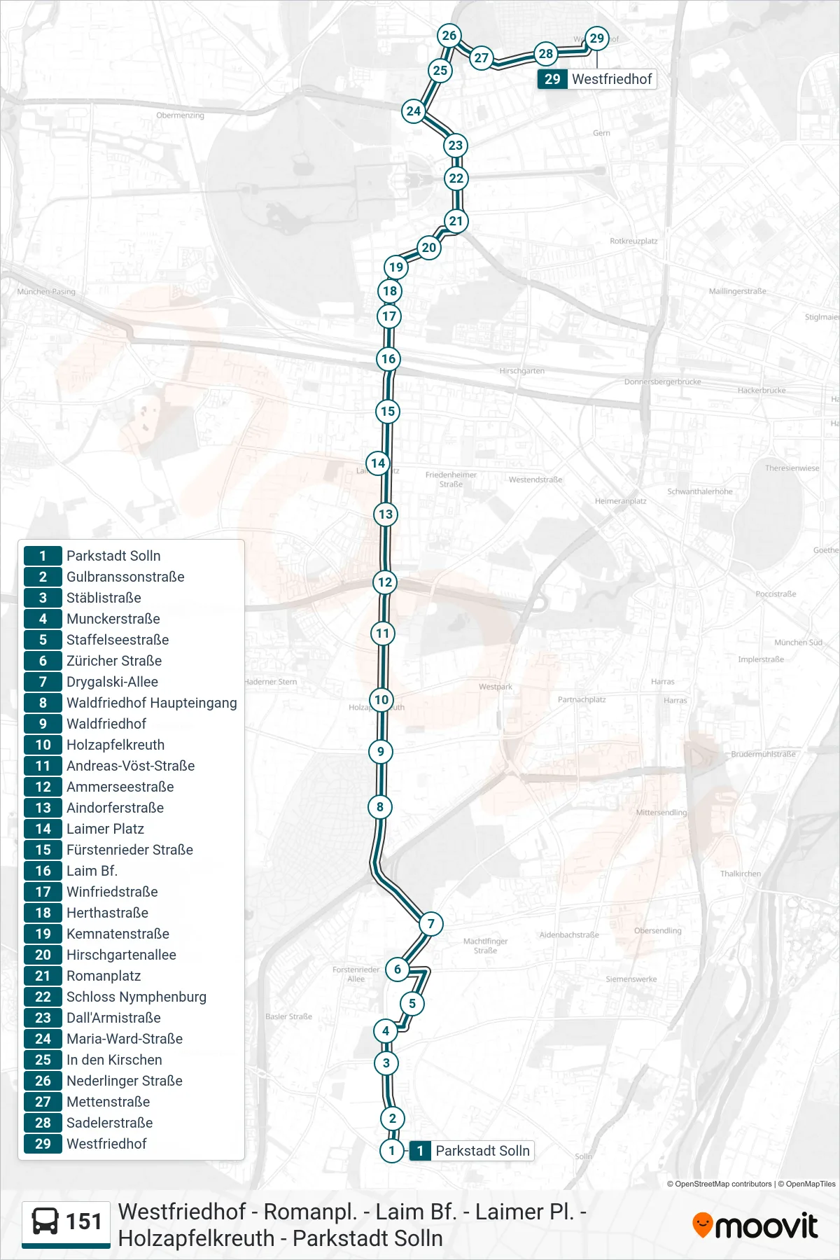 Linie 151 (Bus) Richtung Westfriedhof: Route und Haltestellen auf der Karte