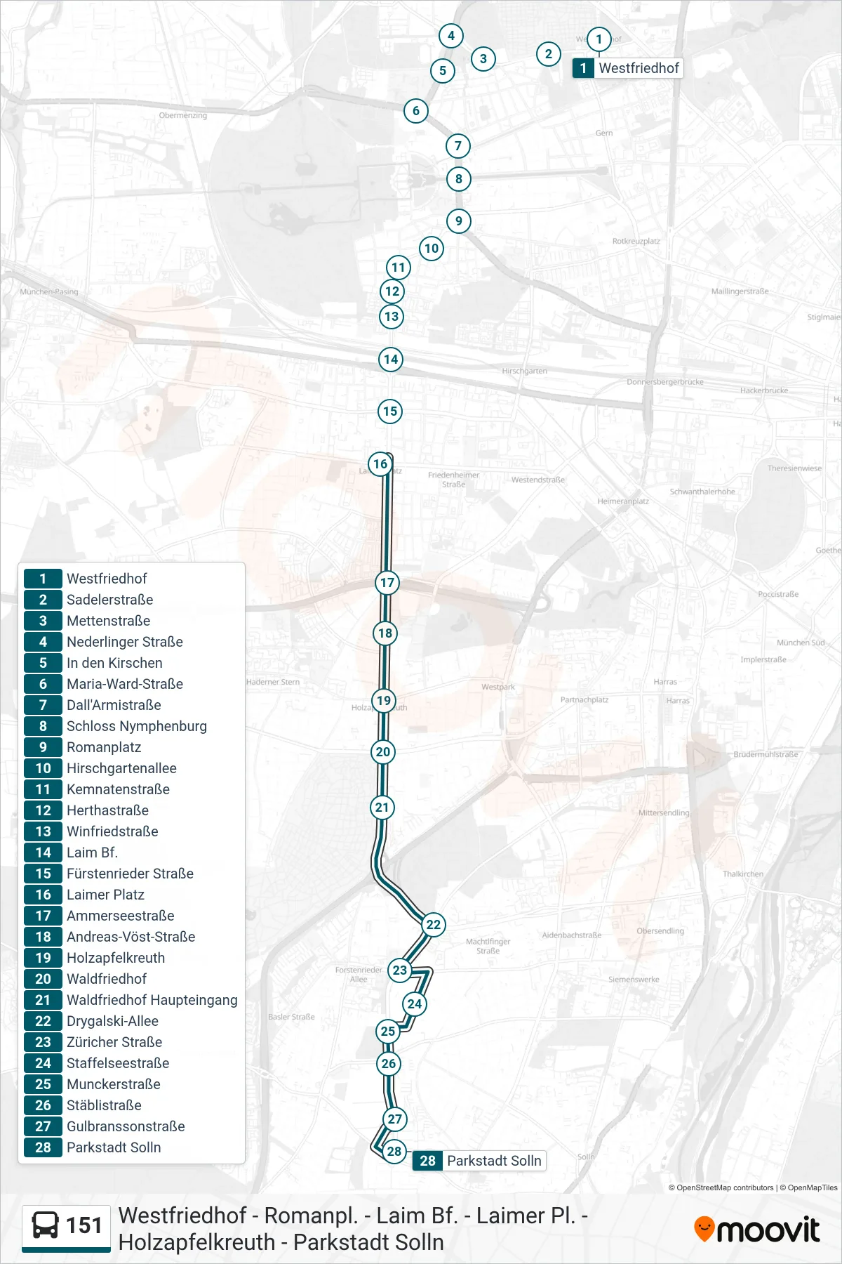 Linie 151 (Bus) Richtung Parkstadt Solln: Route und Haltestellen auf der Karte