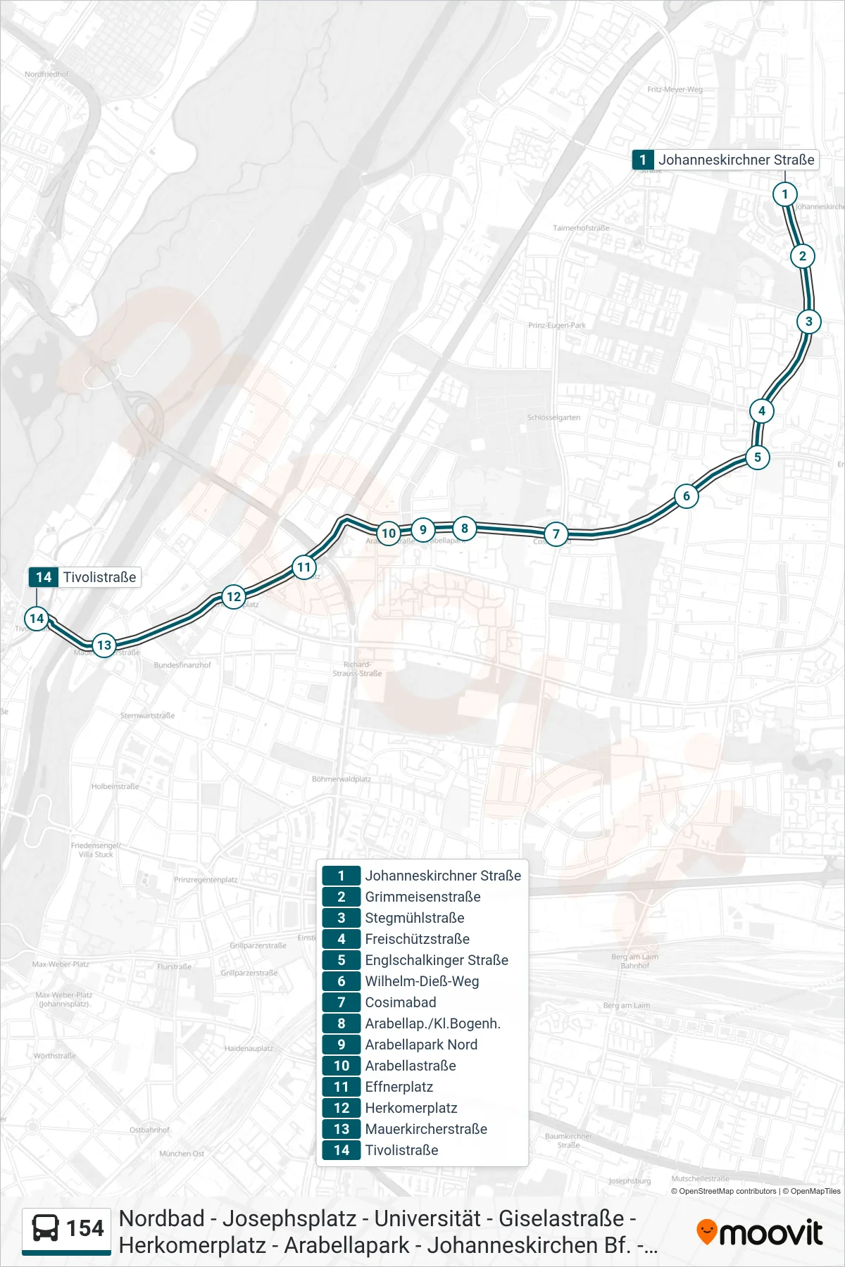 154 bus Line (Tivolistraße) route and stops on a map