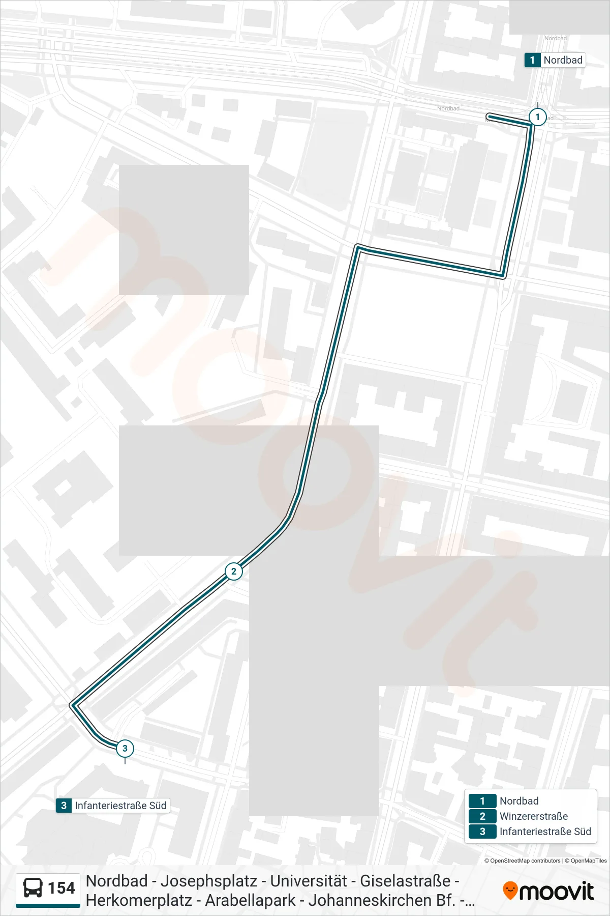Linie 154 (Bus) Richtung Infanteriestraße Süd: Route und Haltestellen auf der Karte