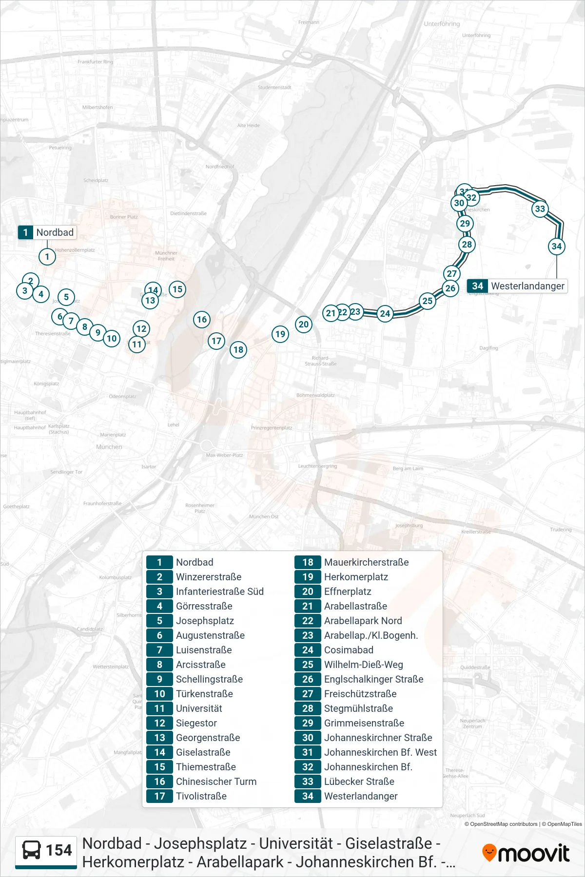 154 bus Line (Westerlandanger) route and stops on a map