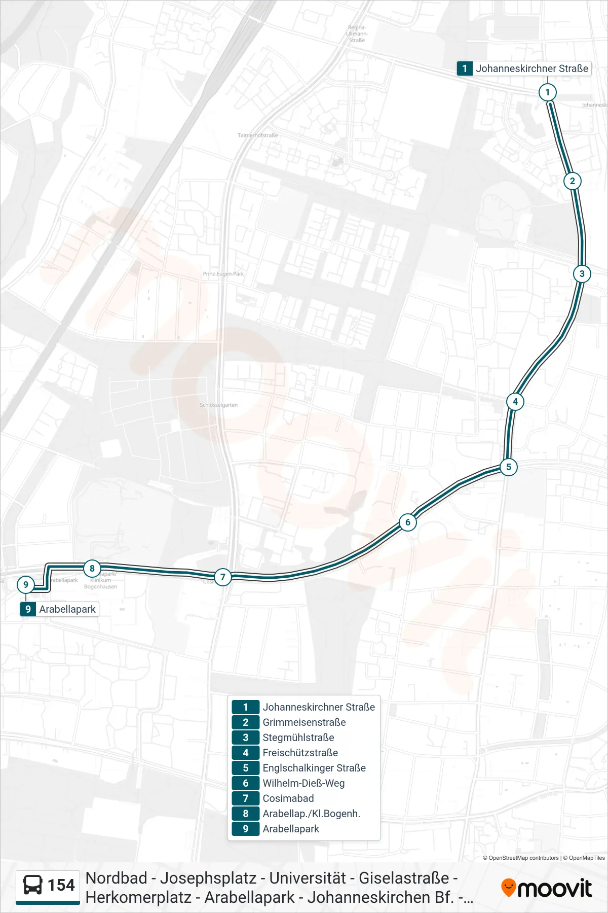 Linie 154 (Bus) Richtung Arabellapark: Route und Haltestellen auf der Karte