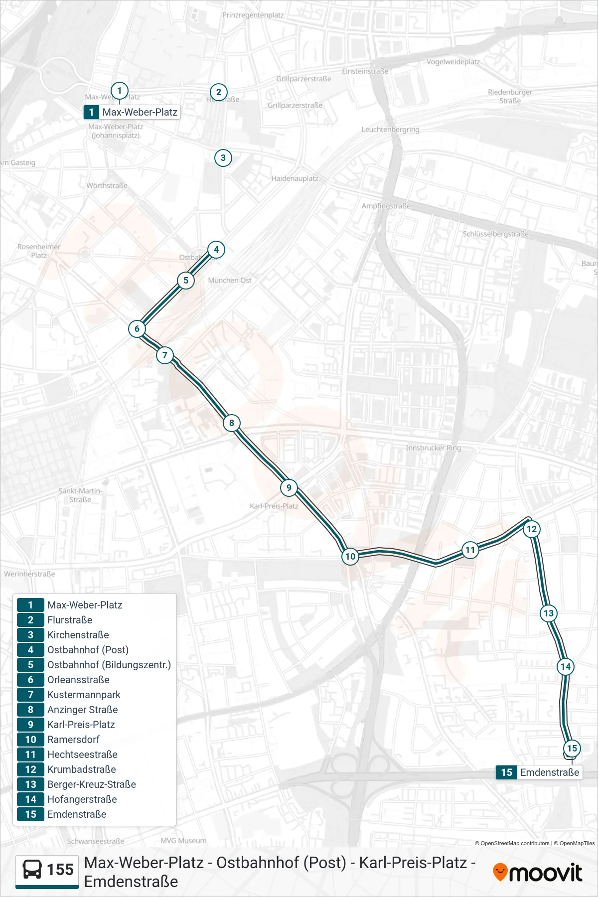 155 bus Line (Emdenstraße) route and stops on a map