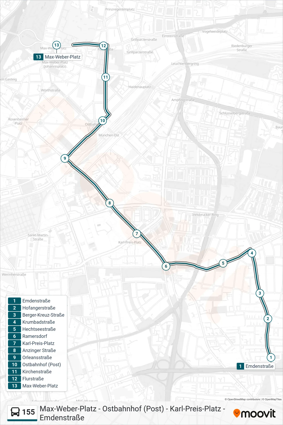 Linie 155 (Bus) Richtung Max-Weber-Platz: Route und Haltestellen auf der Karte