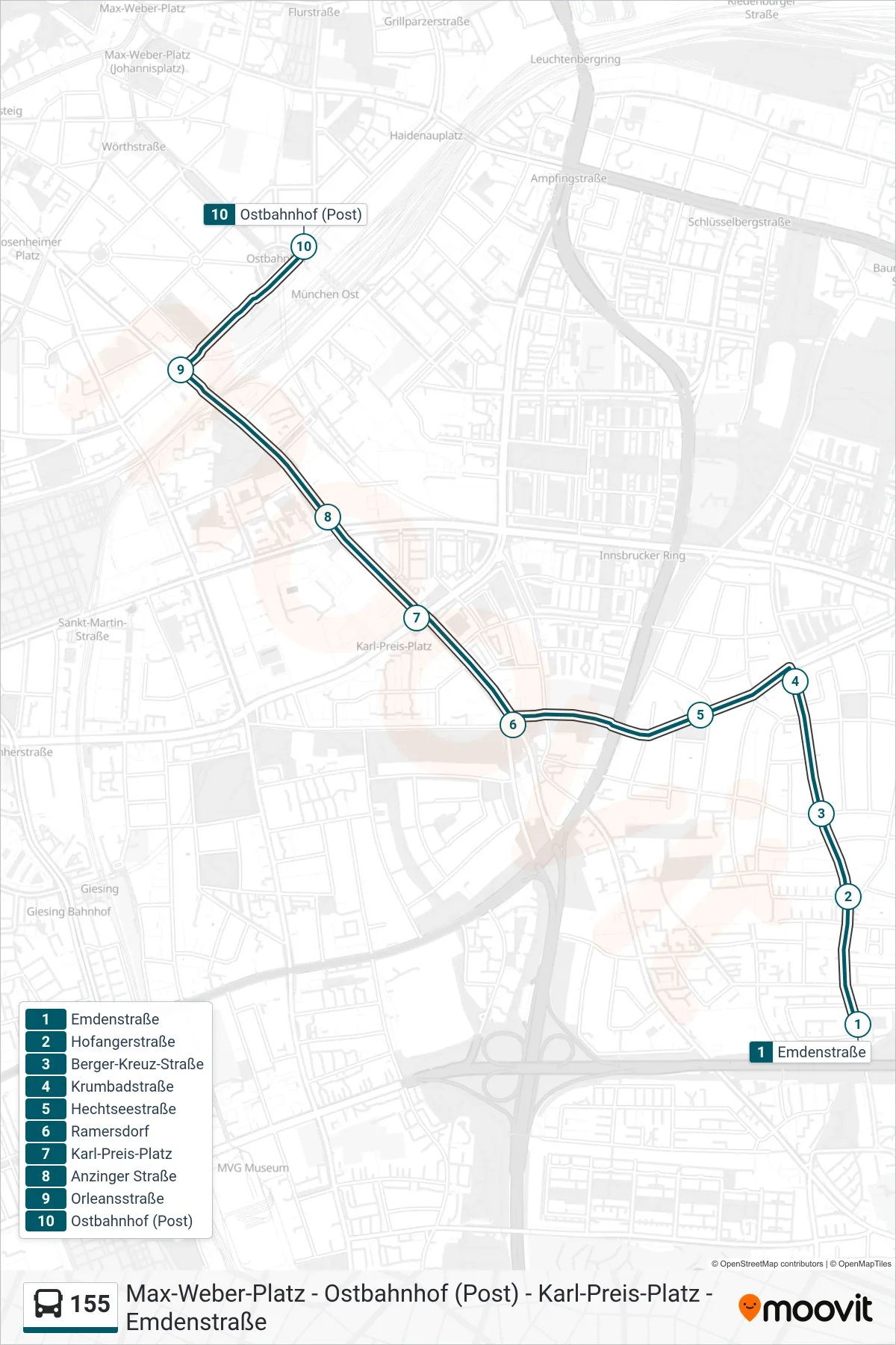 Linie 155 (Bus) Richtung Ostbahnhof (Post): Route und Haltestellen auf der Karte