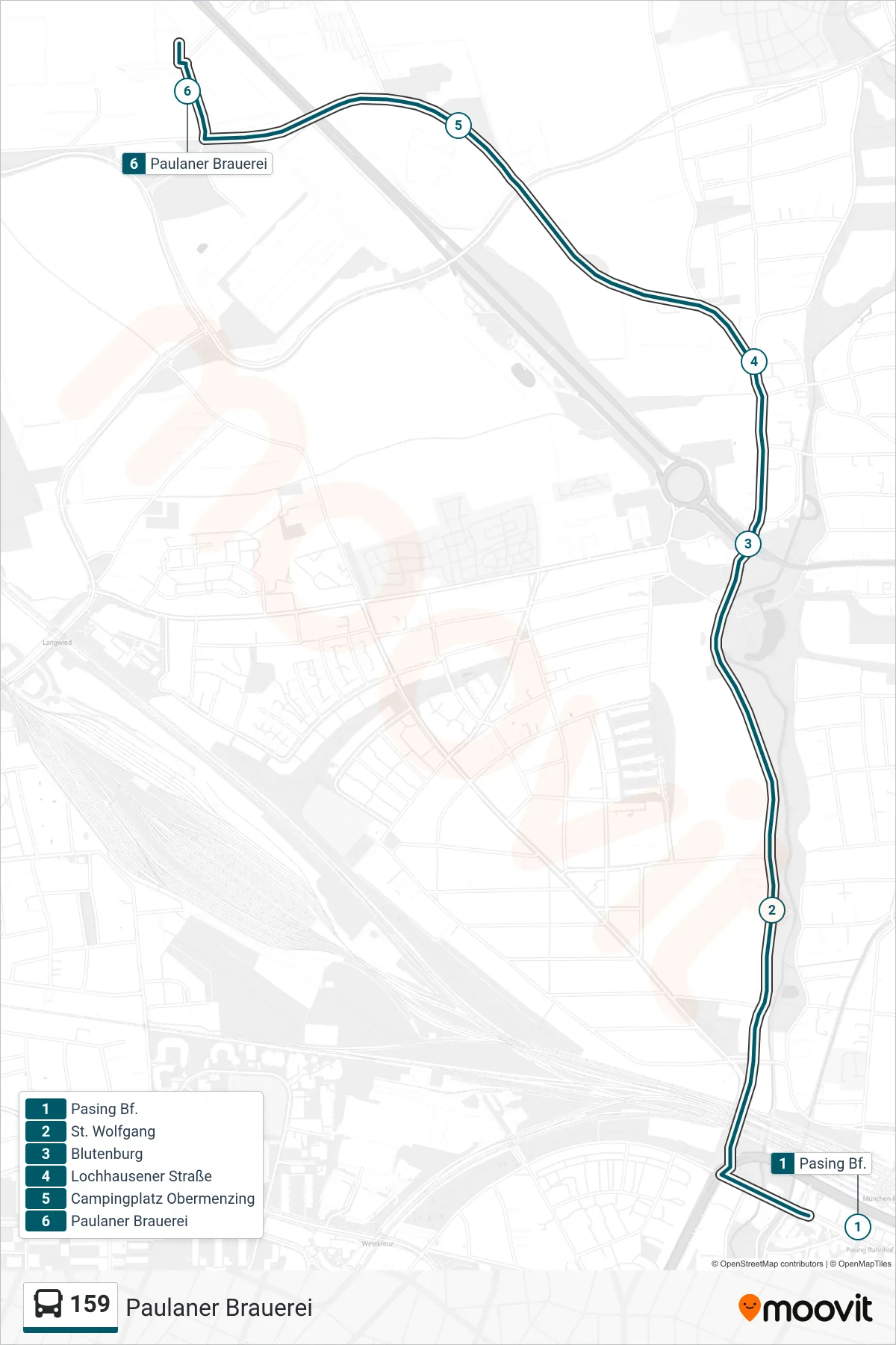 Linie 159 (Bus) Richtung Paulaner Brauerei: Route und Haltestellen auf der Karte