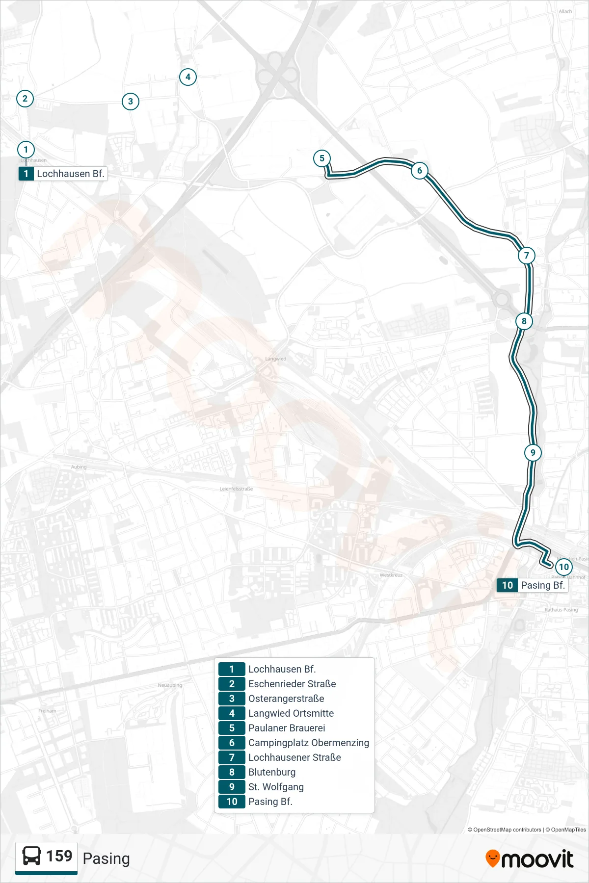 159 bus Line (Pasing) route and stops on a map