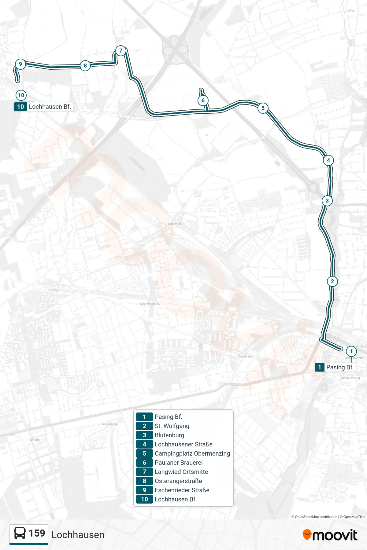 Linie 159 (Bus) Richtung Lochhausen: Route und Haltestellen auf der Karte