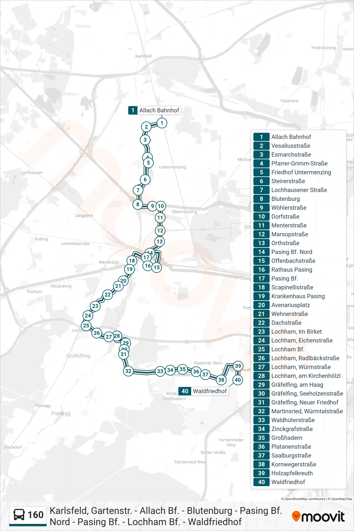 160 bus Line (Waldfriedhof) route and stops on a map