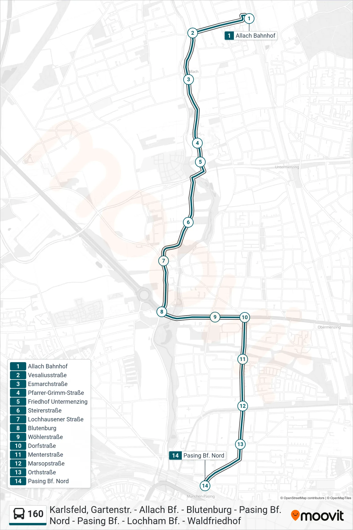 160 bus Line (Pasing Bf. Nord) route and stops on a map