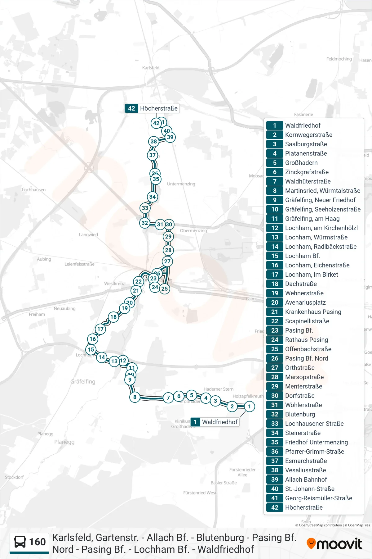 160 bus Line (Höcherstraße) route and stops on a map