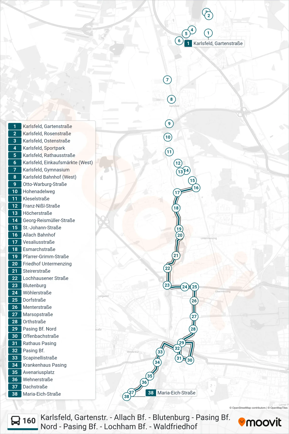 160 bus Line (Maria-Eich-Straße) route and stops on a map