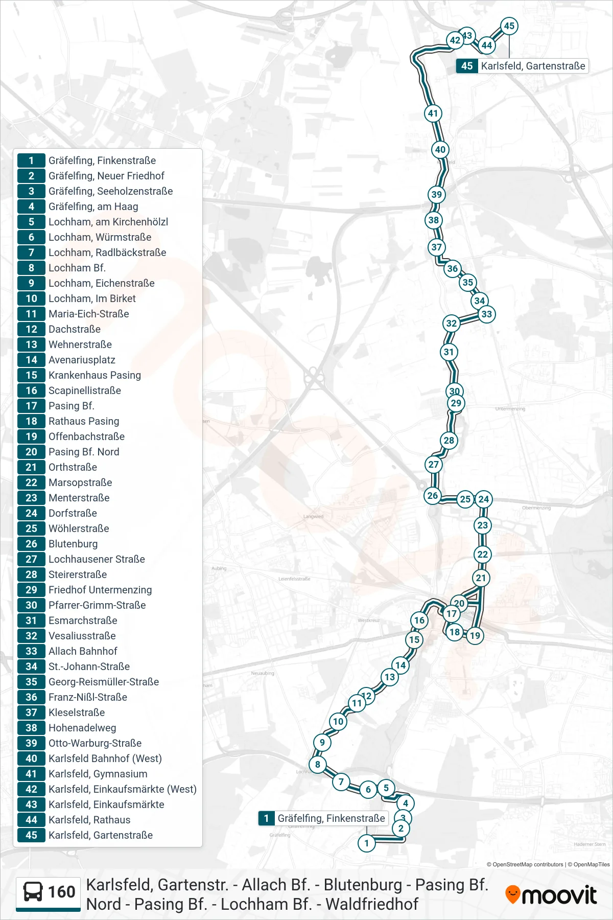 160 bus Line (Karlsfeld, Gartenstraße) route and stops on a map