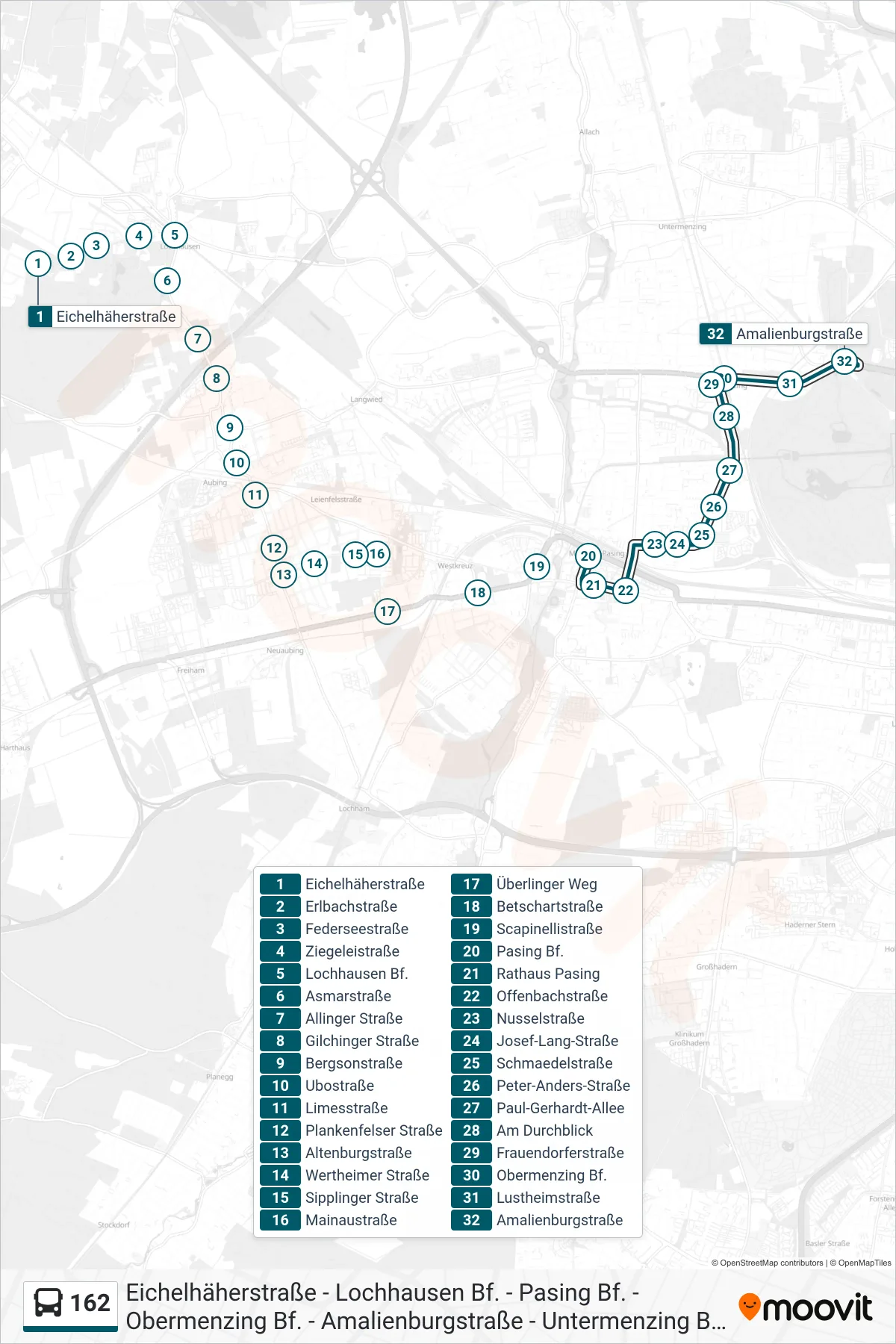 162 bus Line (Amalienburgstraße) route and stops on a map