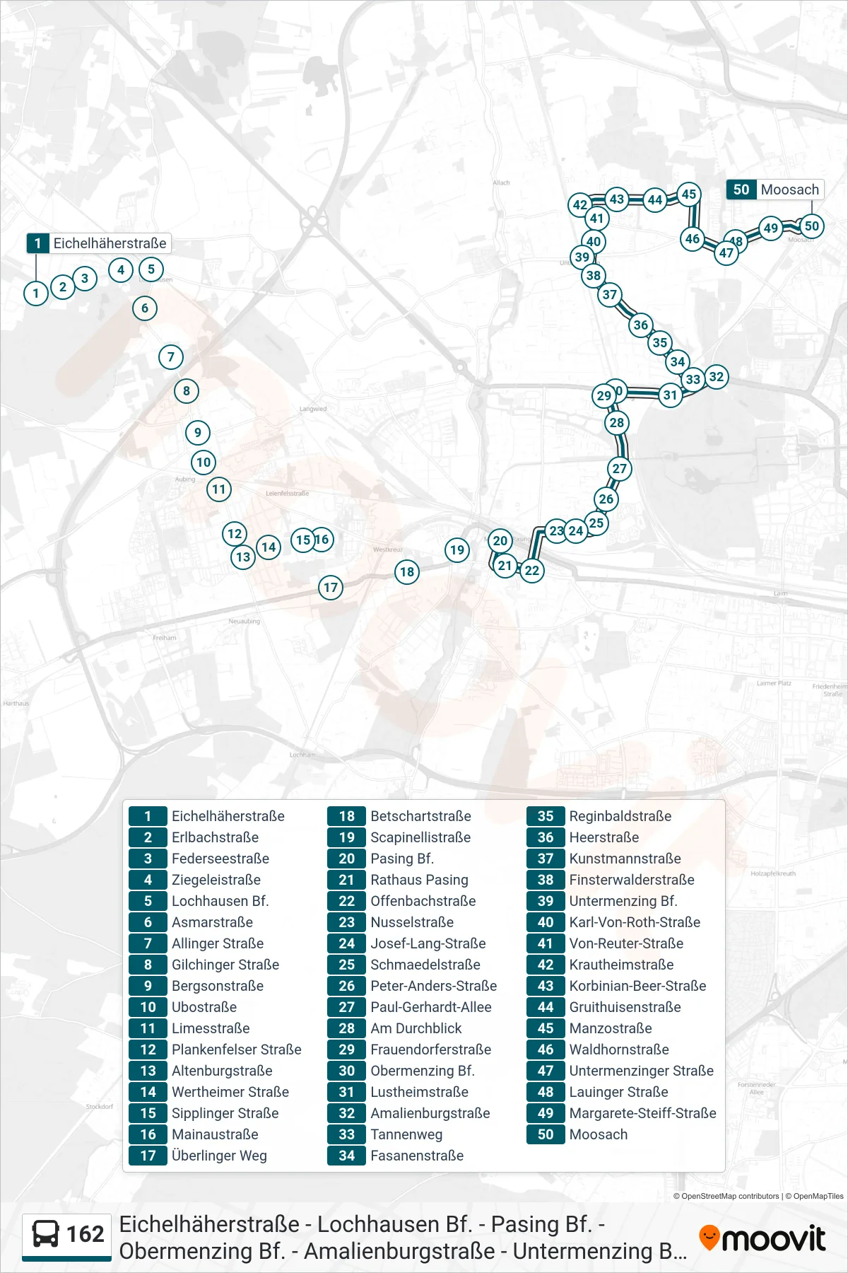 Linie 162 (Bus) Richtung Moosach: Route und Haltestellen auf der Karte