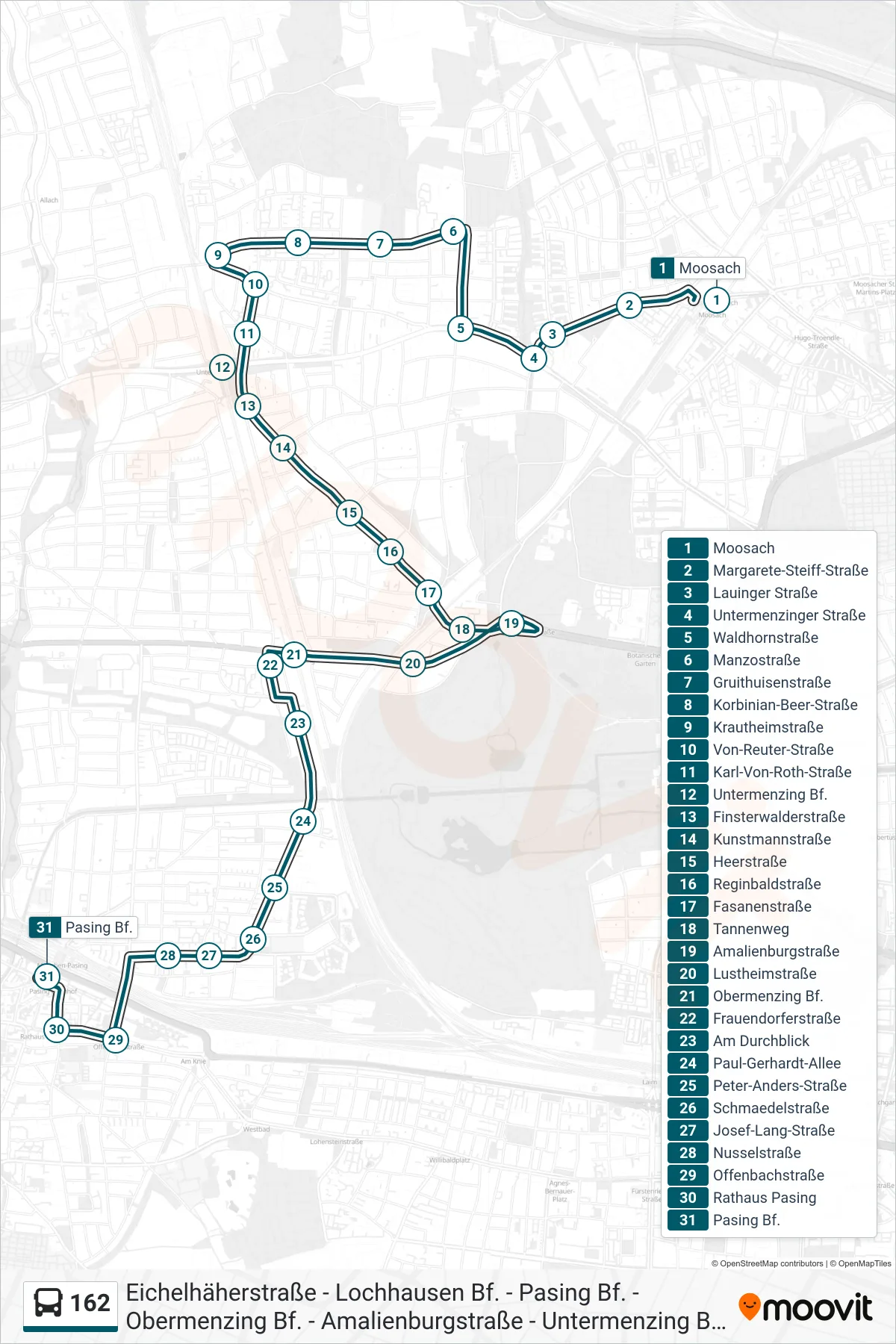 162 bus Line (Pasing) route and stops on a map