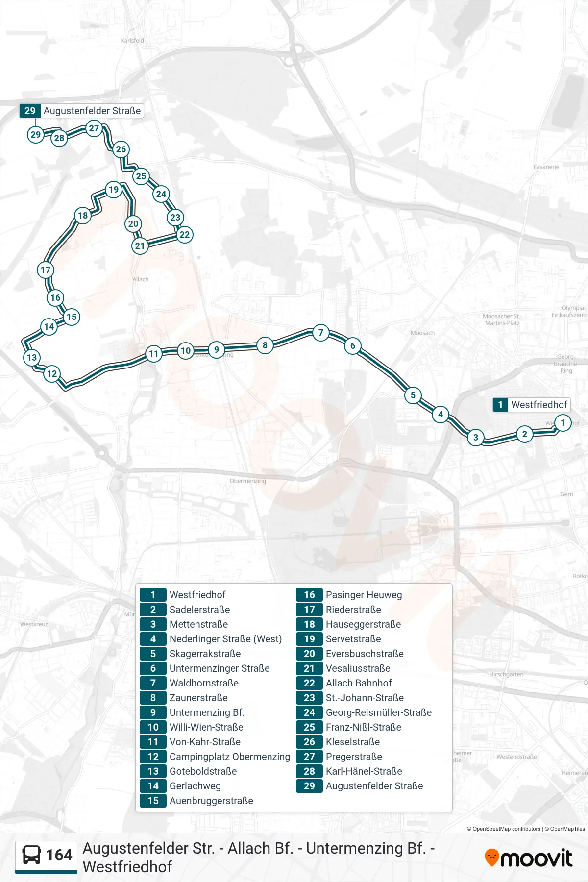 164 bus Line (Augustenfelder Straße) route and stops on a map