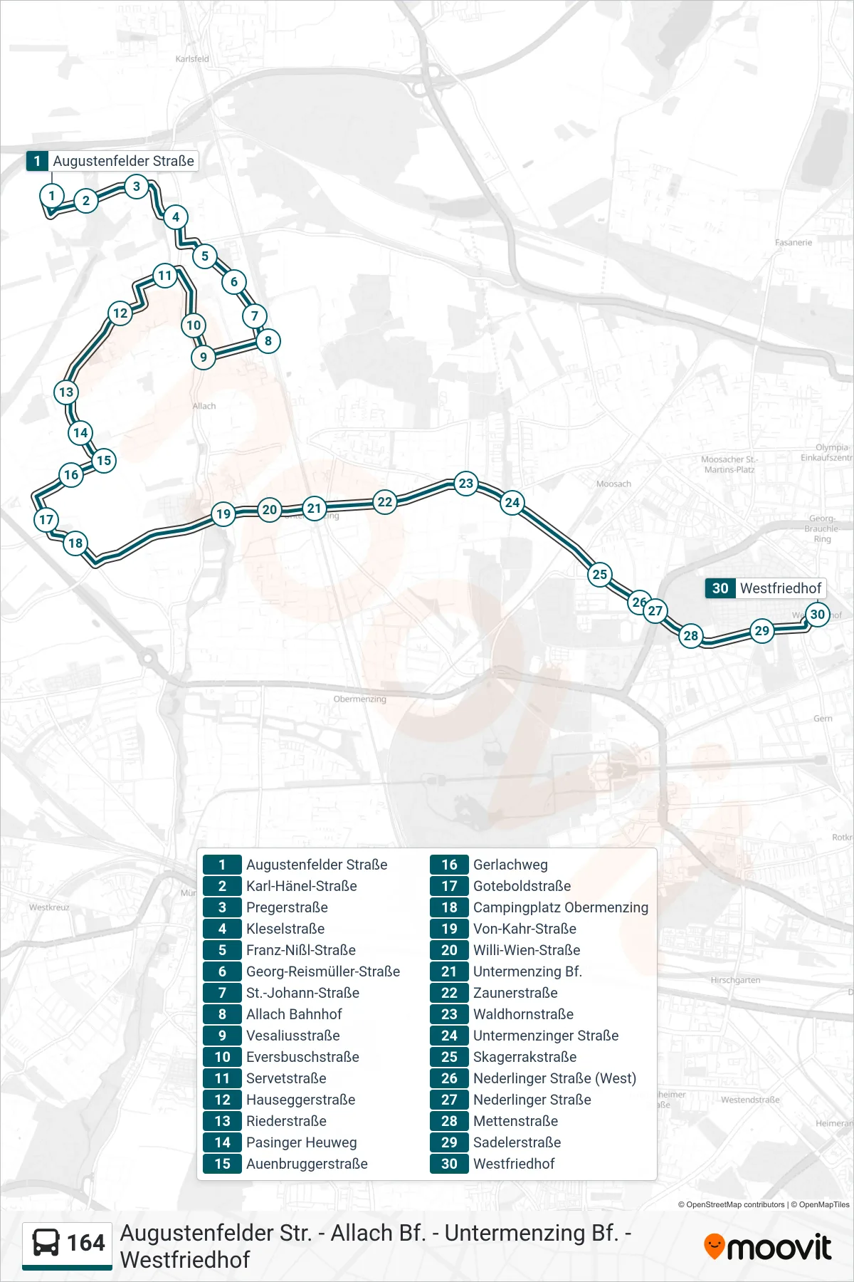 Linie 164 (Bus) Richtung Westfriedhof: Route und Haltestellen auf der Karte