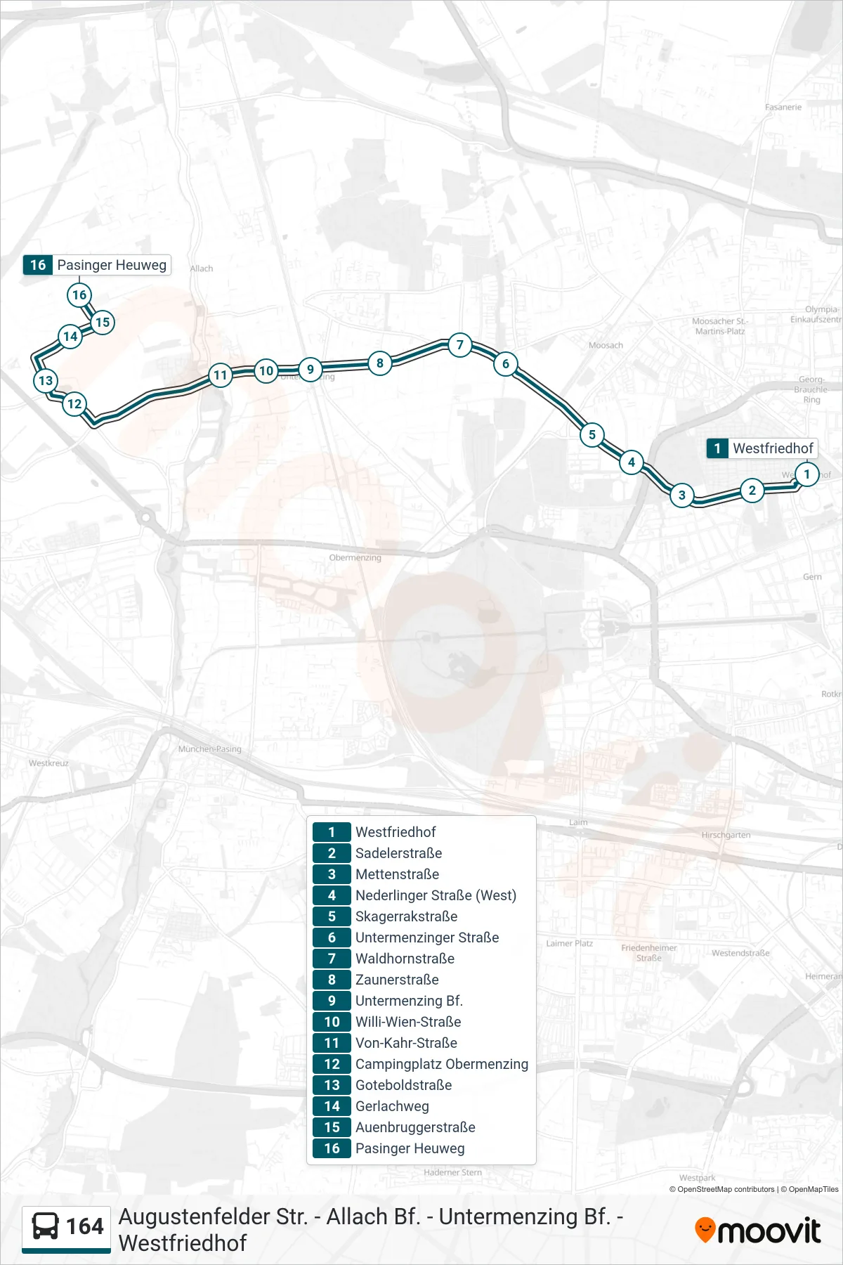 Linie 164 (Bus) Richtung Pasinger Heuweg: Route und Haltestellen auf der Karte