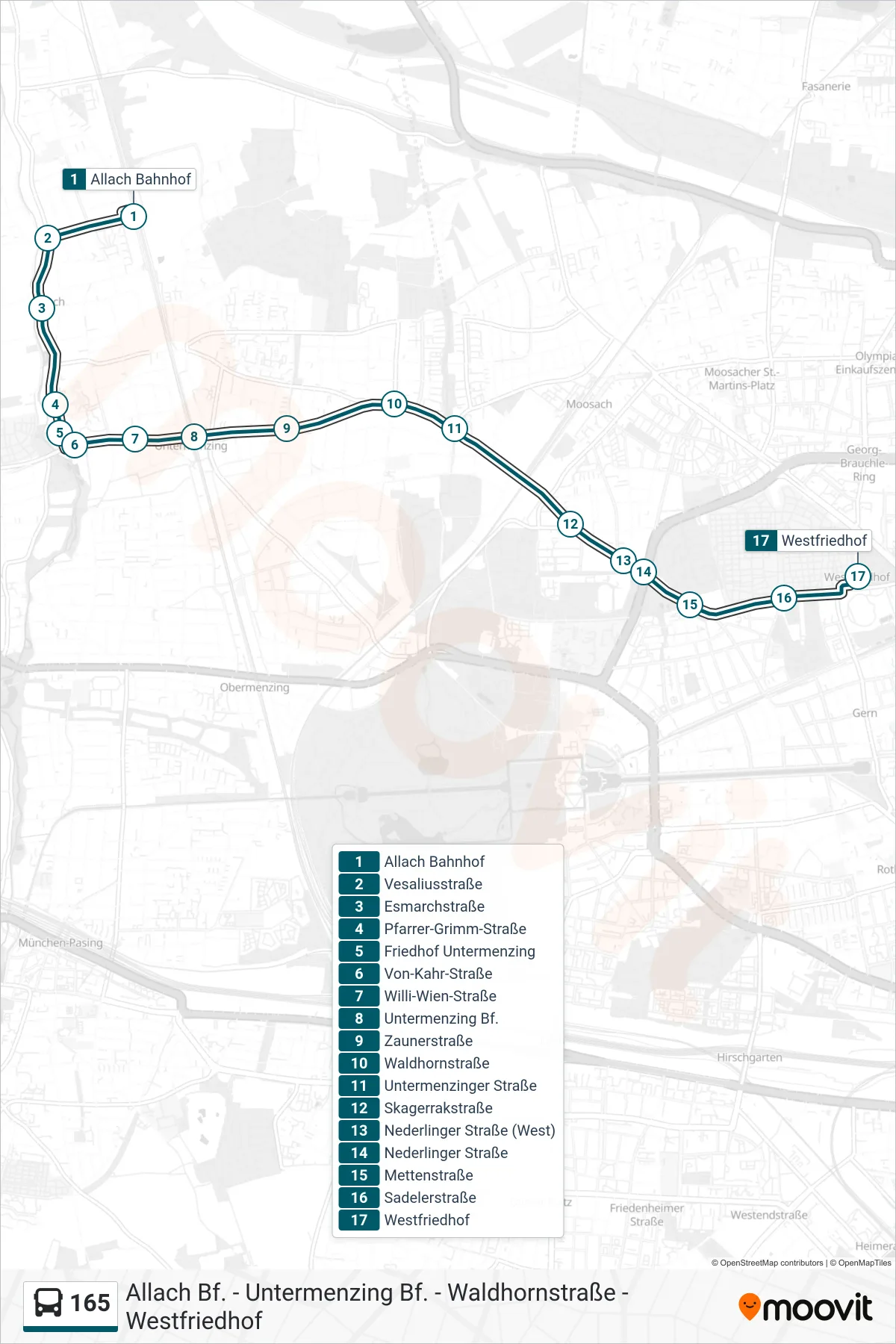 Linie 165 (Bus) Richtung Westfriedhof: Route und Haltestellen auf der Karte