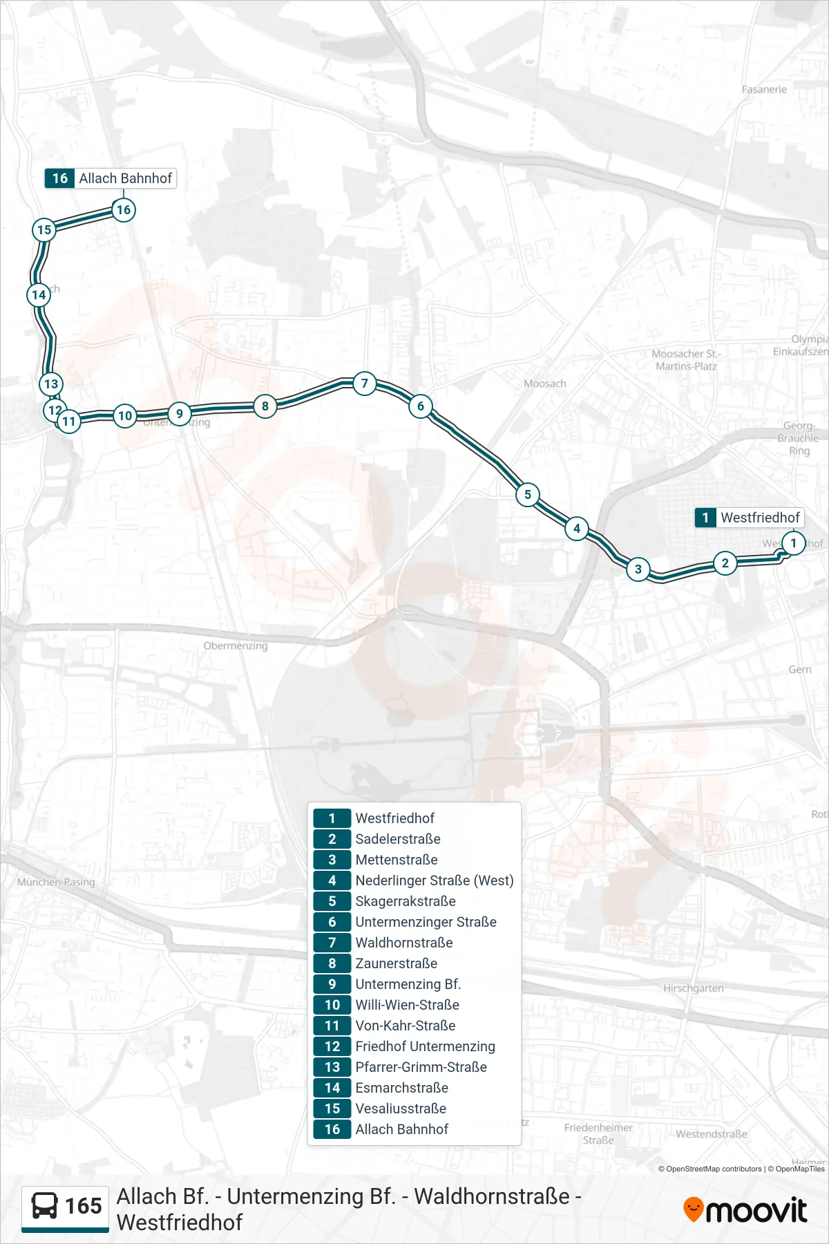 165 bus Line (Allach) route and stops on a map
