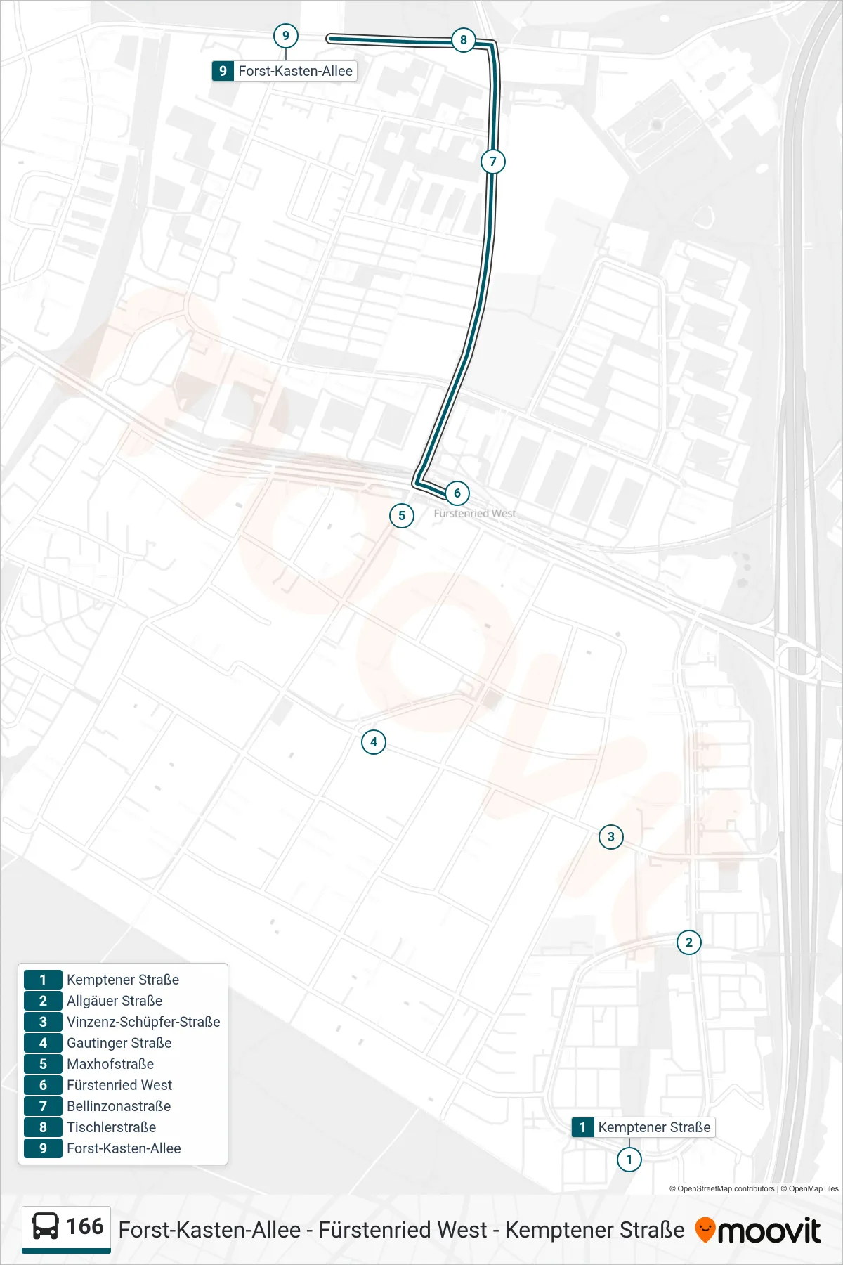 166 bus Line (Forst-Kasten-Allee) route and stops on a map
