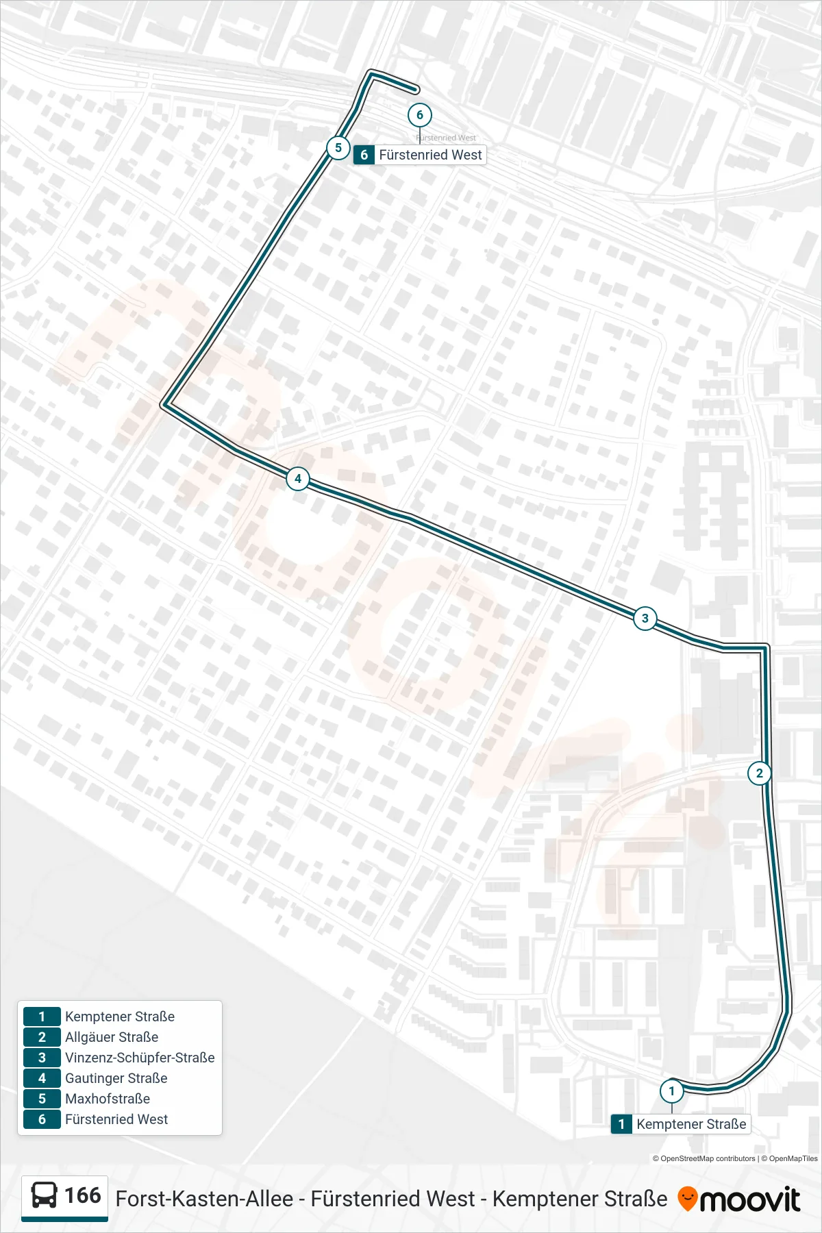 166 bus Line (Fürstenried West) route and stops on a map