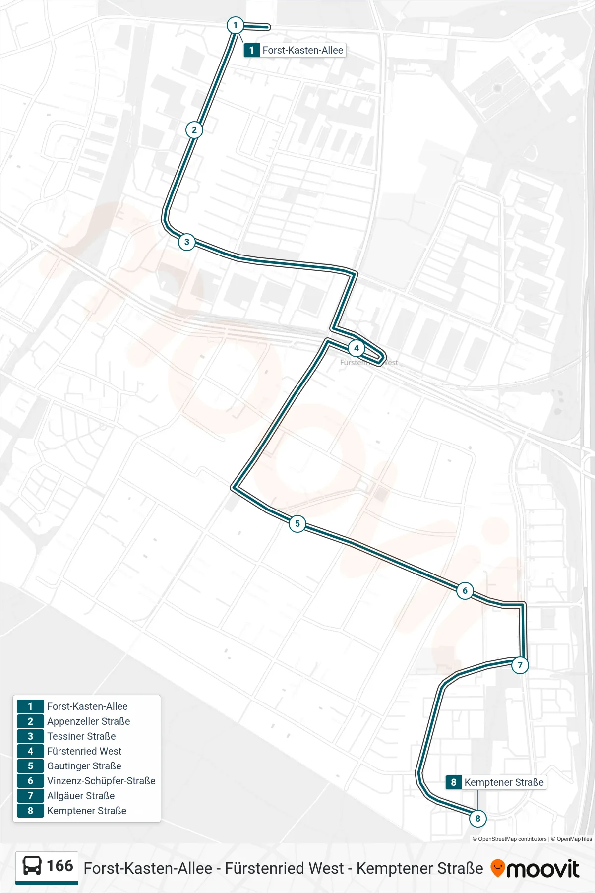 166 bus Line (Kemptener Straße) route and stops on a map