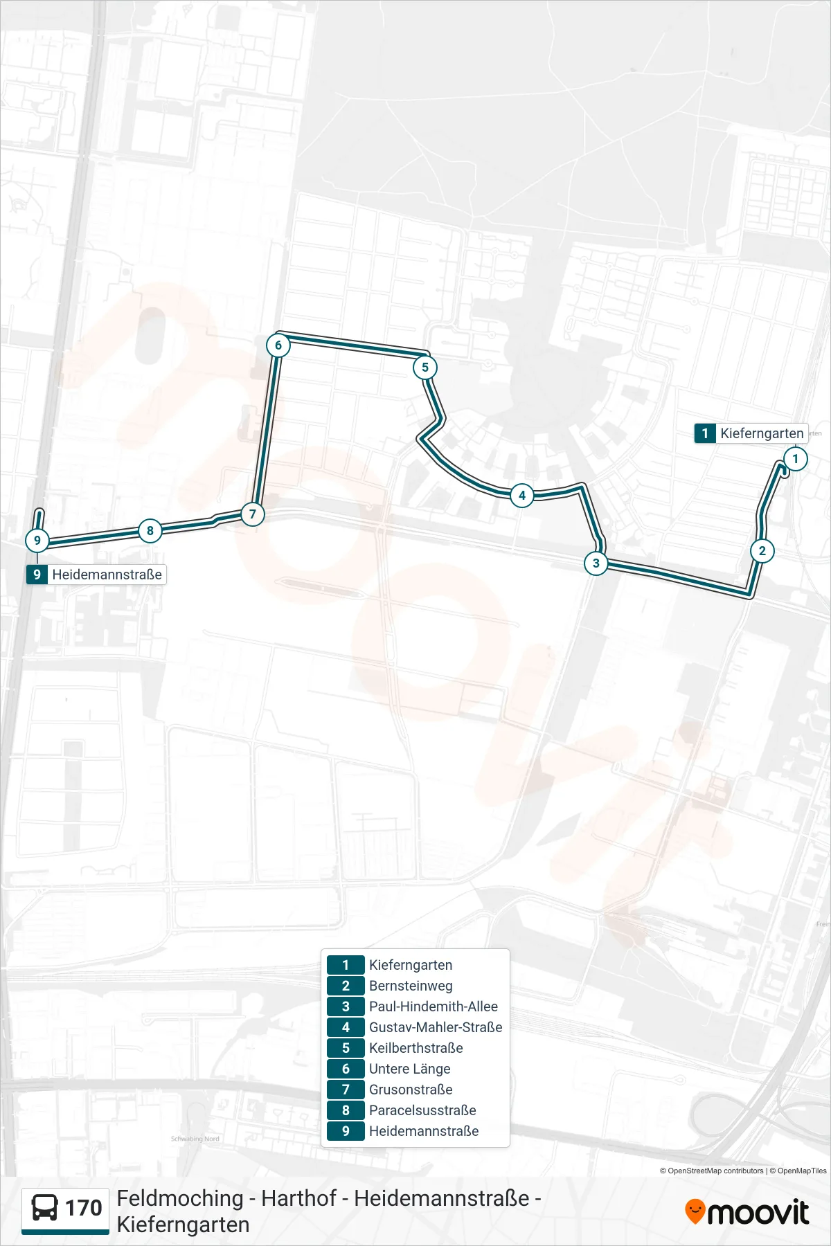 Linie 170 (Bus) Richtung Heidemannstraße: Route und Haltestellen auf der Karte