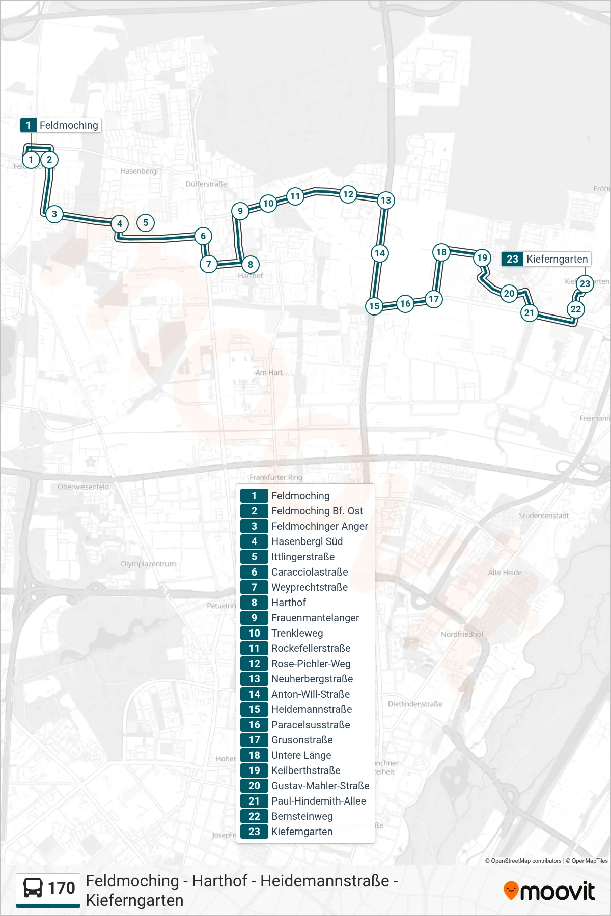 170 bus Line (Kieferngarten) route and stops on a map