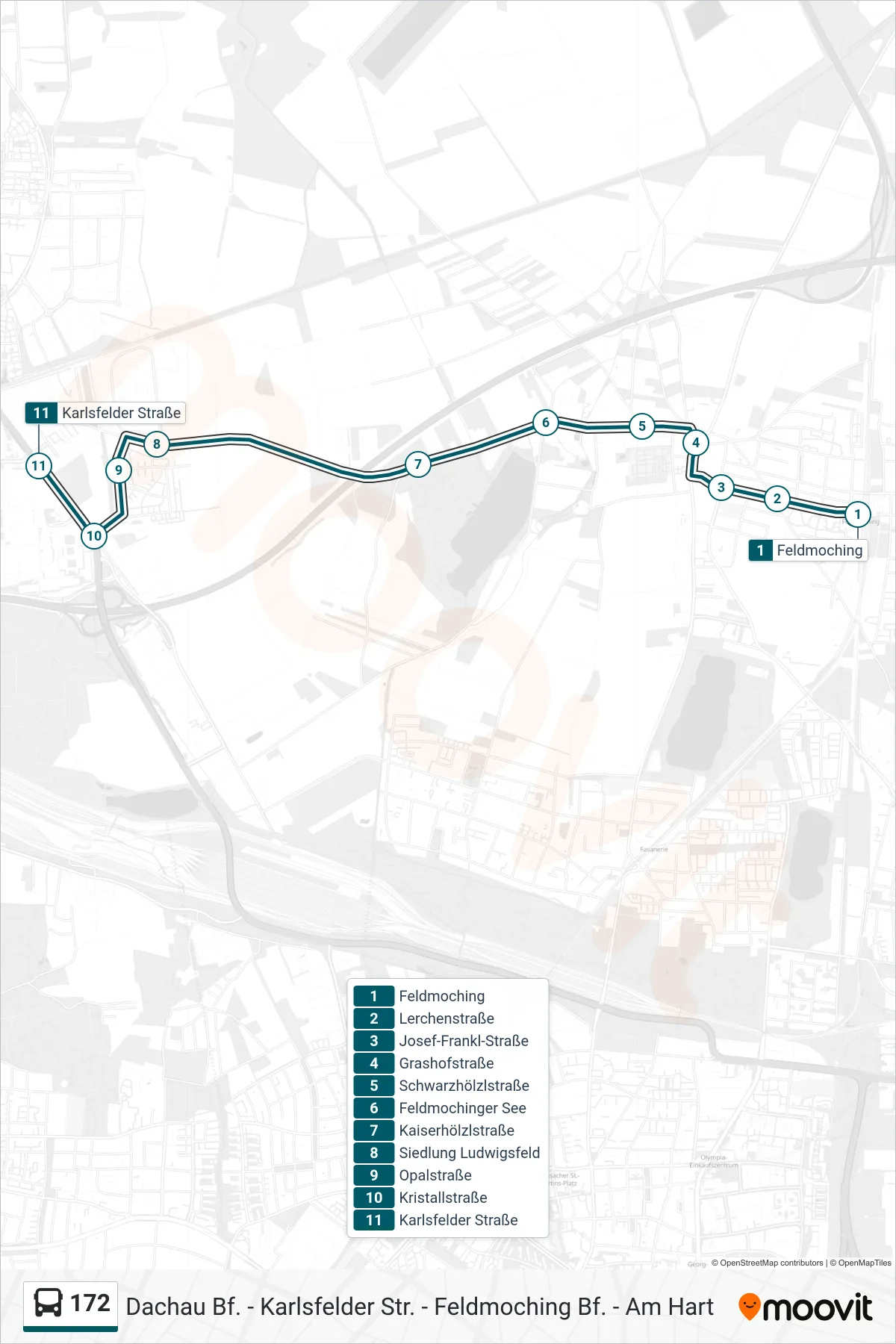 172 bus Line (Karlsfelder Straße) route and stops on a map