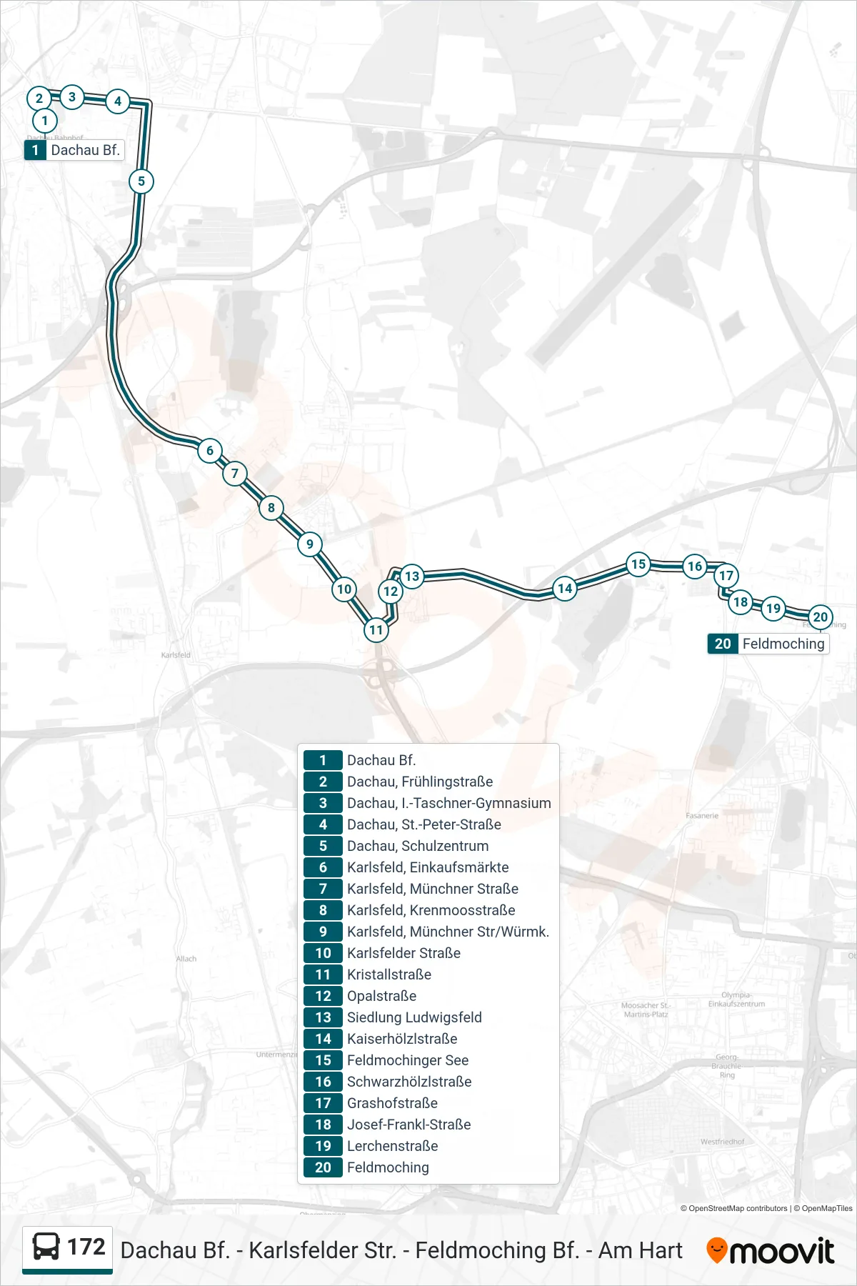 Linie 172 (Bus) Richtung Feldmoching: Route und Haltestellen auf der Karte