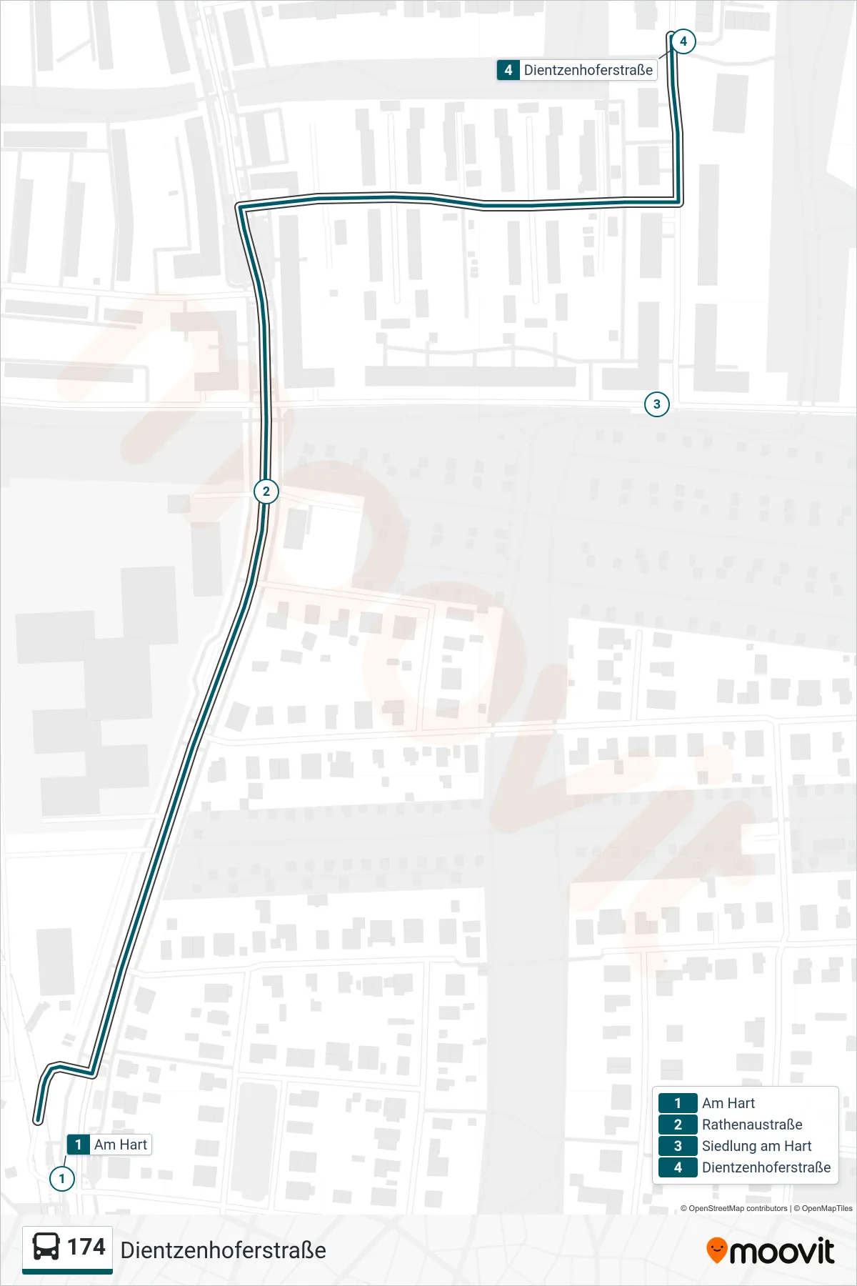 174 bus Line (Dientzenhoferstraße) route and stops on a map