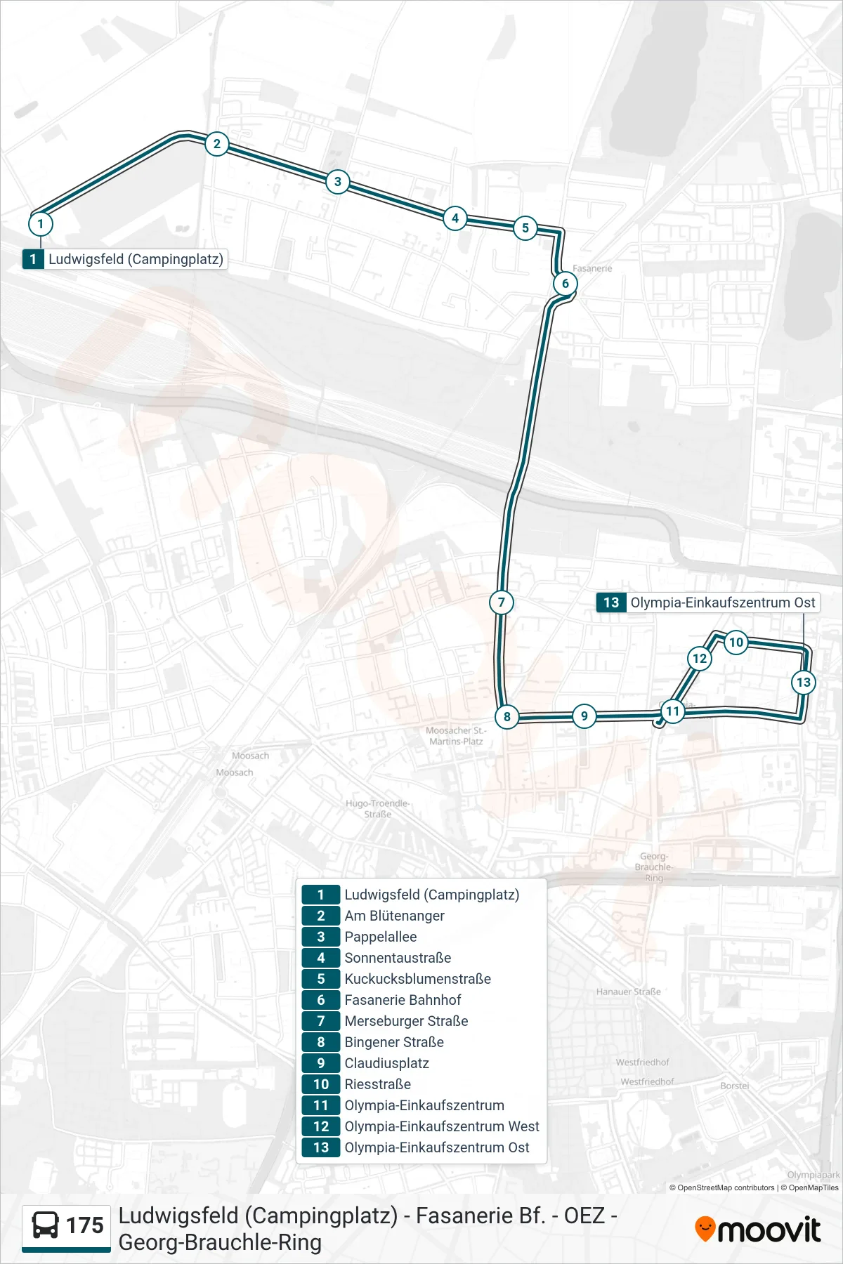 Linie 175 (Bus) Richtung Olympia-Einkaufszentrum: Route und Haltestellen auf der Karte