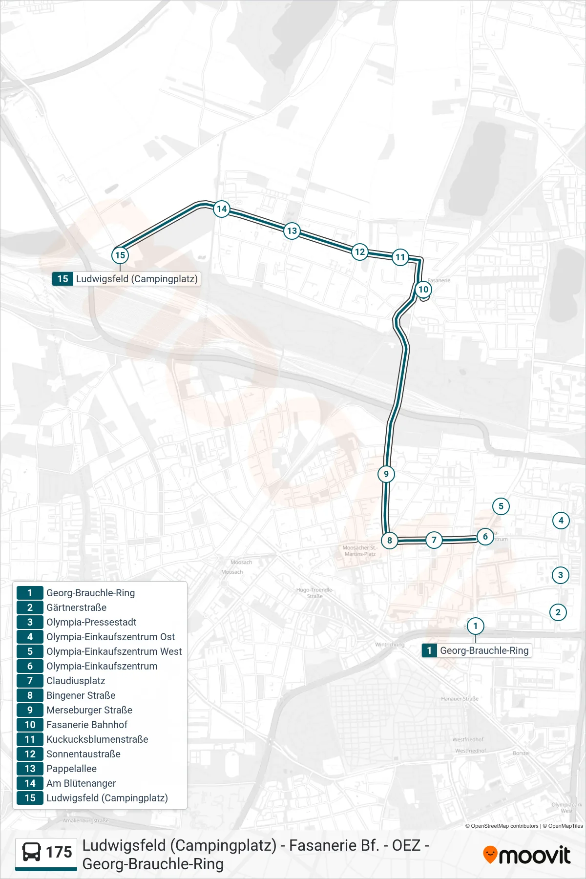 175 bus Line (Ludwigsfeld (Campingplatz)) route and stops on a map