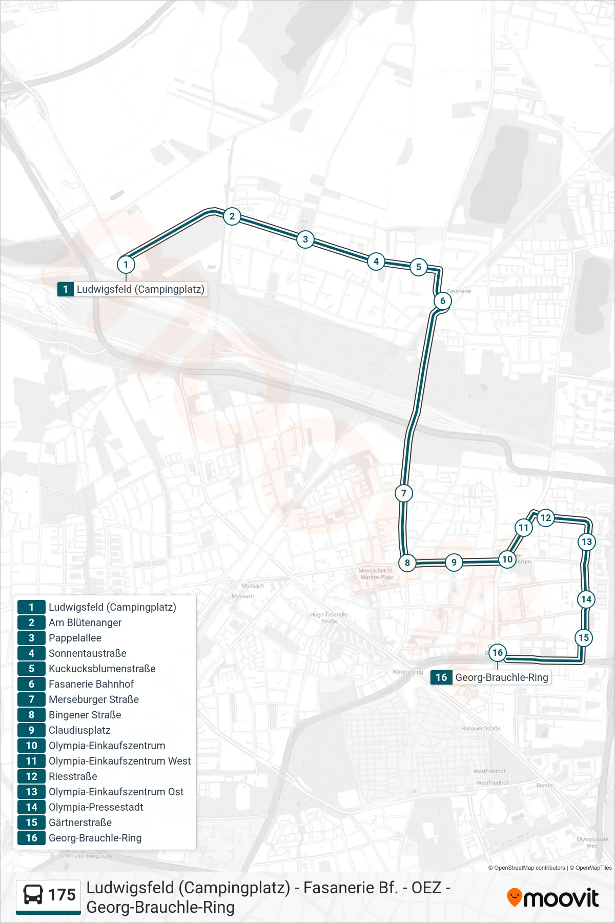 175 bus Line (Georg-Brauchle-Ring) route and stops on a map