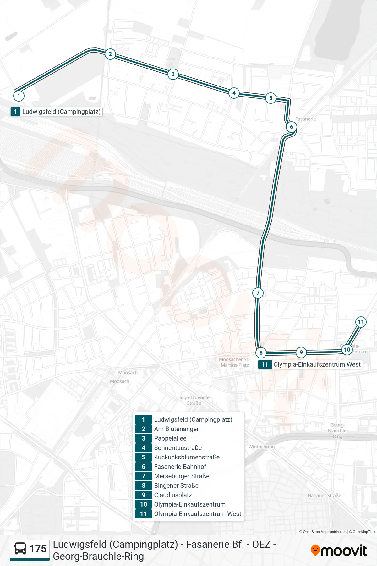Linie 175 (Bus) Richtung Olympia-Einkaufszentrum West: Route und Haltestellen auf der Karte