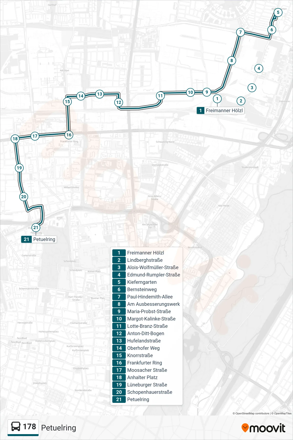 Linie 178 (Bus) Richtung Petuelring: Route und Haltestellen auf der Karte