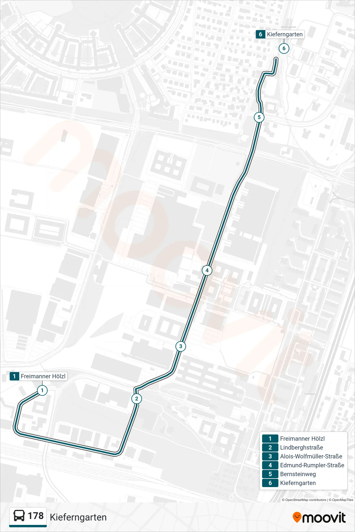 Linie 178 (Bus) Richtung Kieferngarten: Route und Haltestellen auf der Karte